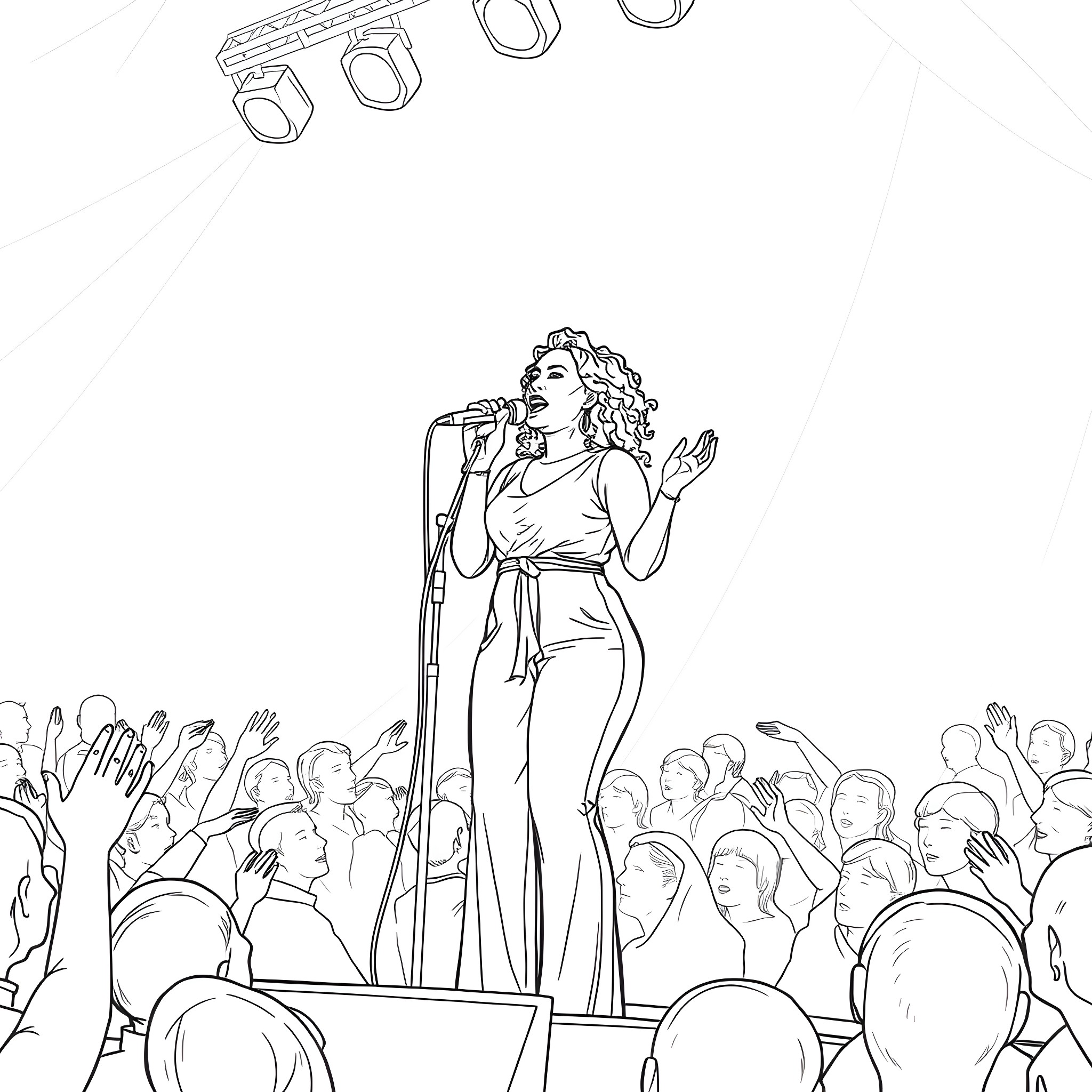 Erica Campbell performing on stage Coloring Page (free black-and-white line drawing printable PDF for all, from beginners to advanced learners, including children, teens, adults, and seniors)
