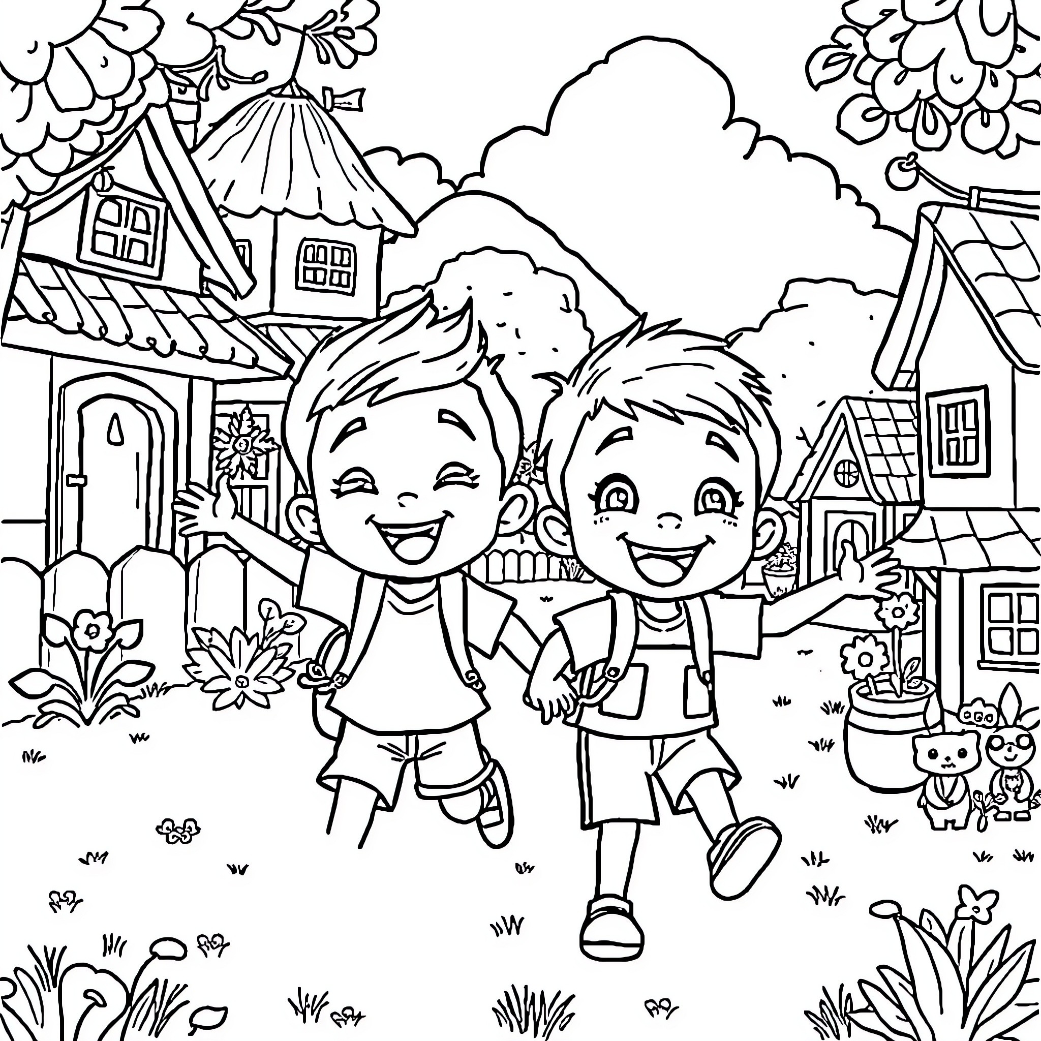 Upin and Ipin Exploring the Countryside Coloring Page (free black-and-white line drawing printable PDF for all, from beginners to advanced learners, including children, teens, adults, and seniors)