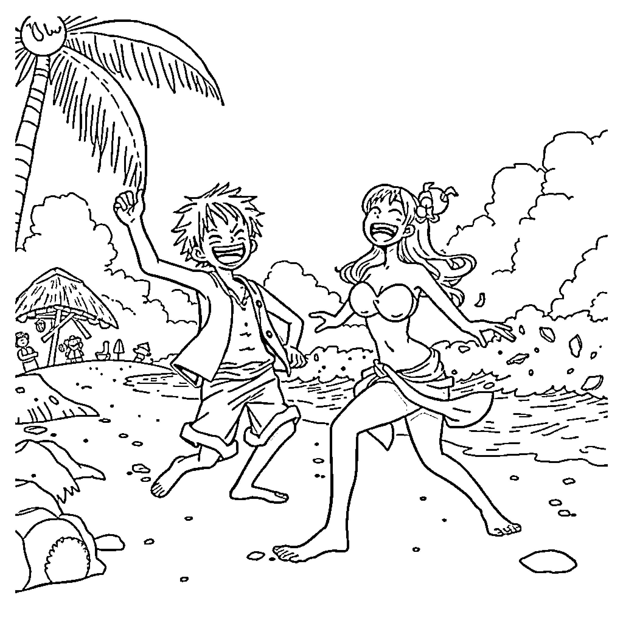 Luffy and Nami enjoy a spirited beach adventure Coloring Page (free black-and-white line drawing printable PDF for all, from beginners to advanced learners, including children, teens, adults, and seniors)