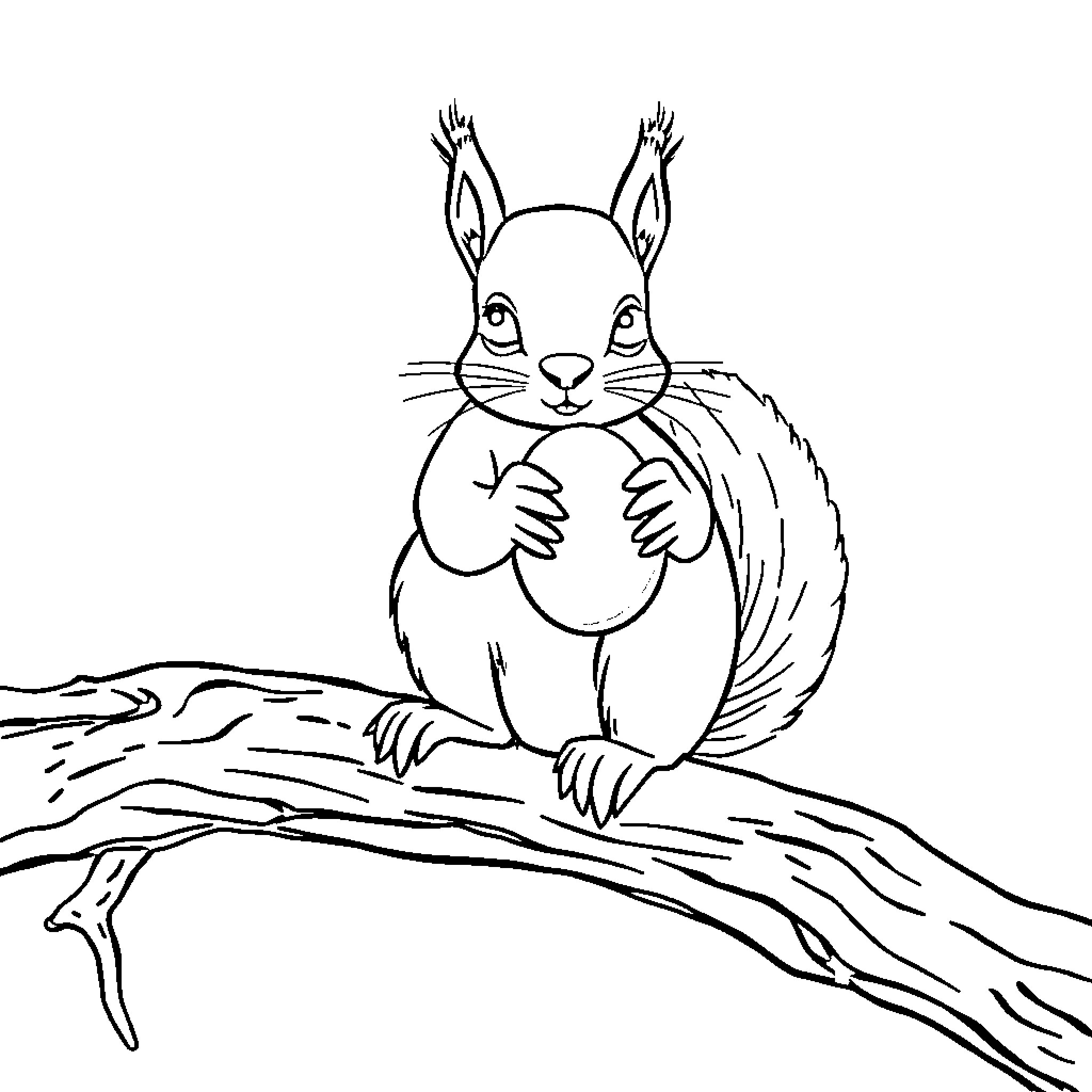 Squirrel resting on a branch Coloring Page (free black-and-white line drawing printable PDF for all, from beginners to advanced learners, including children, teens, adults, and seniors)