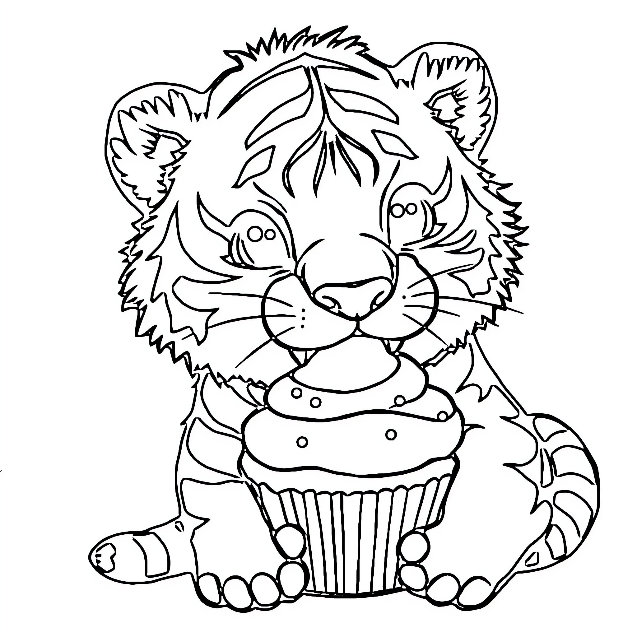 Tiger Enjoying Cupcake Treat Coloring Page (free black-and-white line drawing printable PDF for all, from beginners to advanced learners, including children, teens, adults, and seniors)