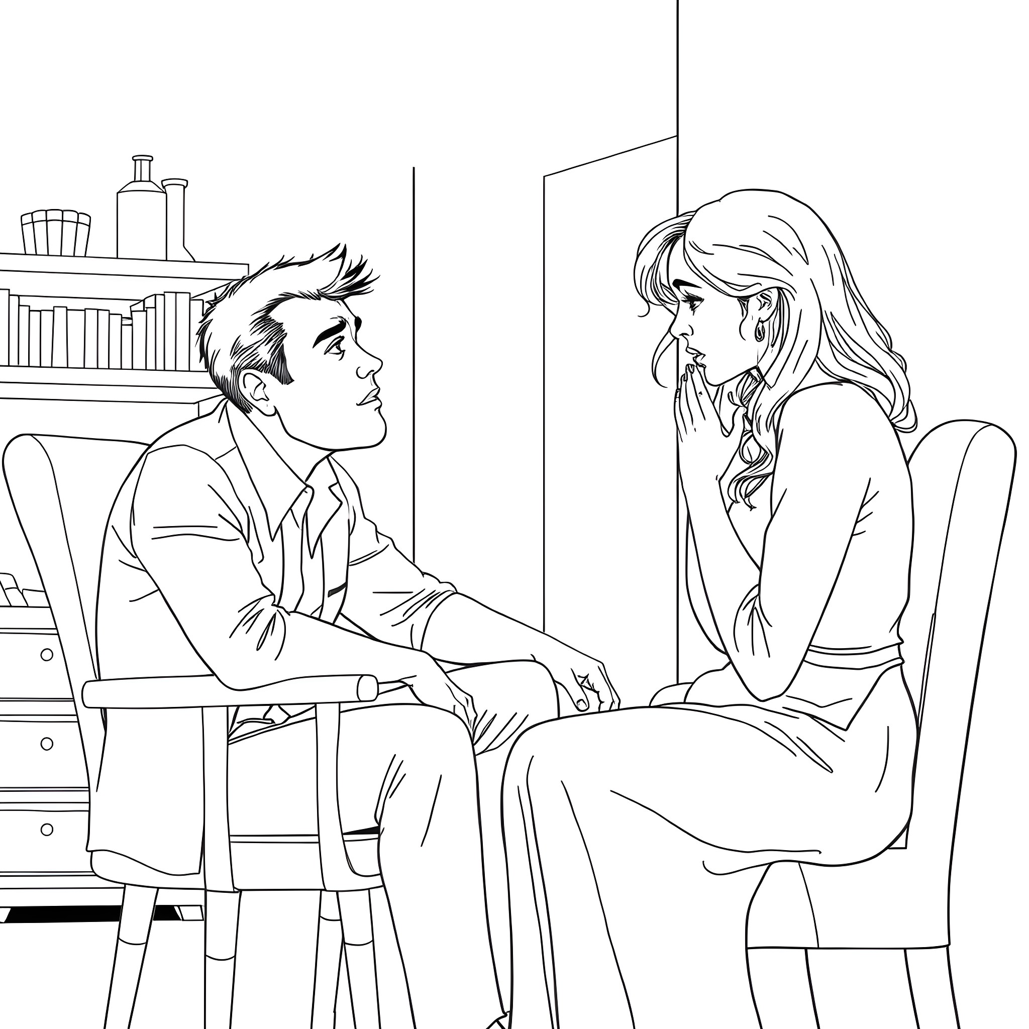 Husband and wife in conversation at home Coloring Page (free black-and-white line drawing printable PDF for all, from beginners to advanced learners, including children, teens, adults, and seniors)