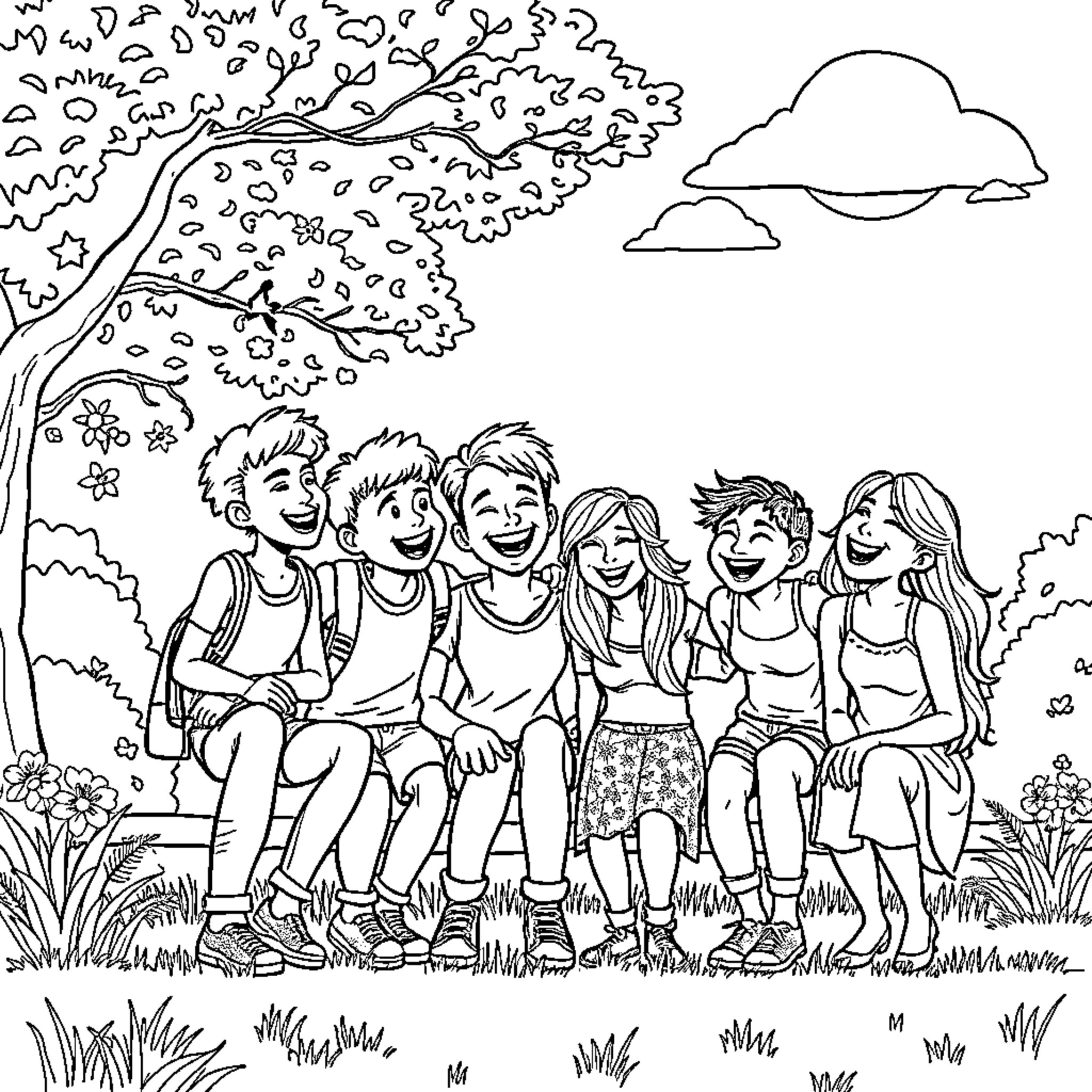 Cloud of friends enjoying outdoor scenery Coloring Page (free black-and-white line drawing printable PDF for all, from beginners to advanced learners, including children, teens, adults, and seniors)