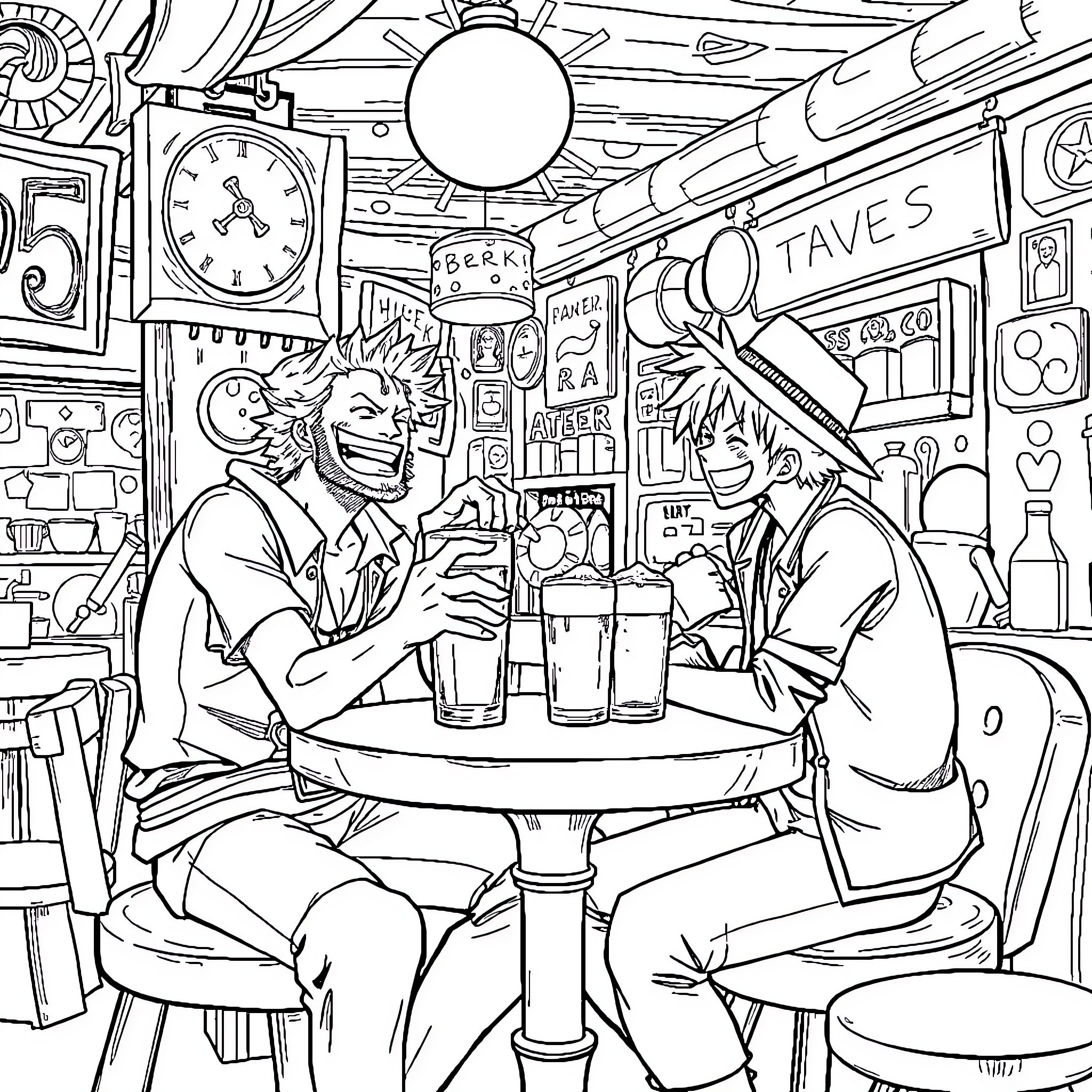 Roronoa Zoro Sharing Drinks with Friends in Lively Bar Coloring Page (free black-and-white line drawing printable PDF for all, from beginners to advanced learners, including children, teens, adults, and seniors)