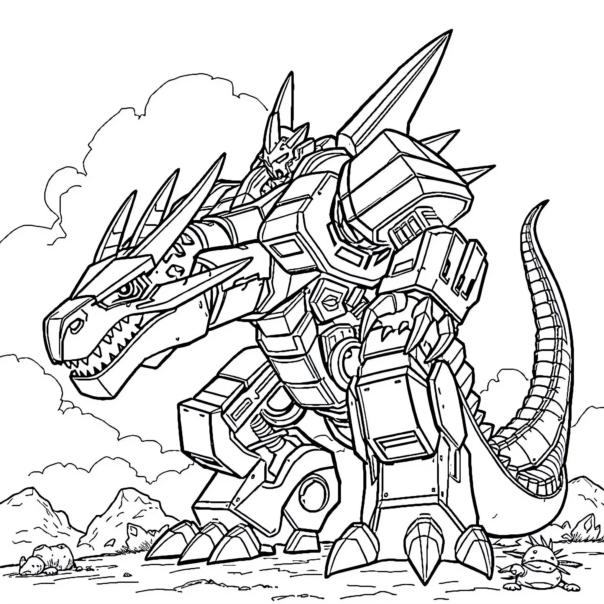 Dragonzord stomping through the landscape Coloring Page (free black-and-white line drawing printable PDF for all, from beginners to advanced learners, including children, teens, adults, and seniors)