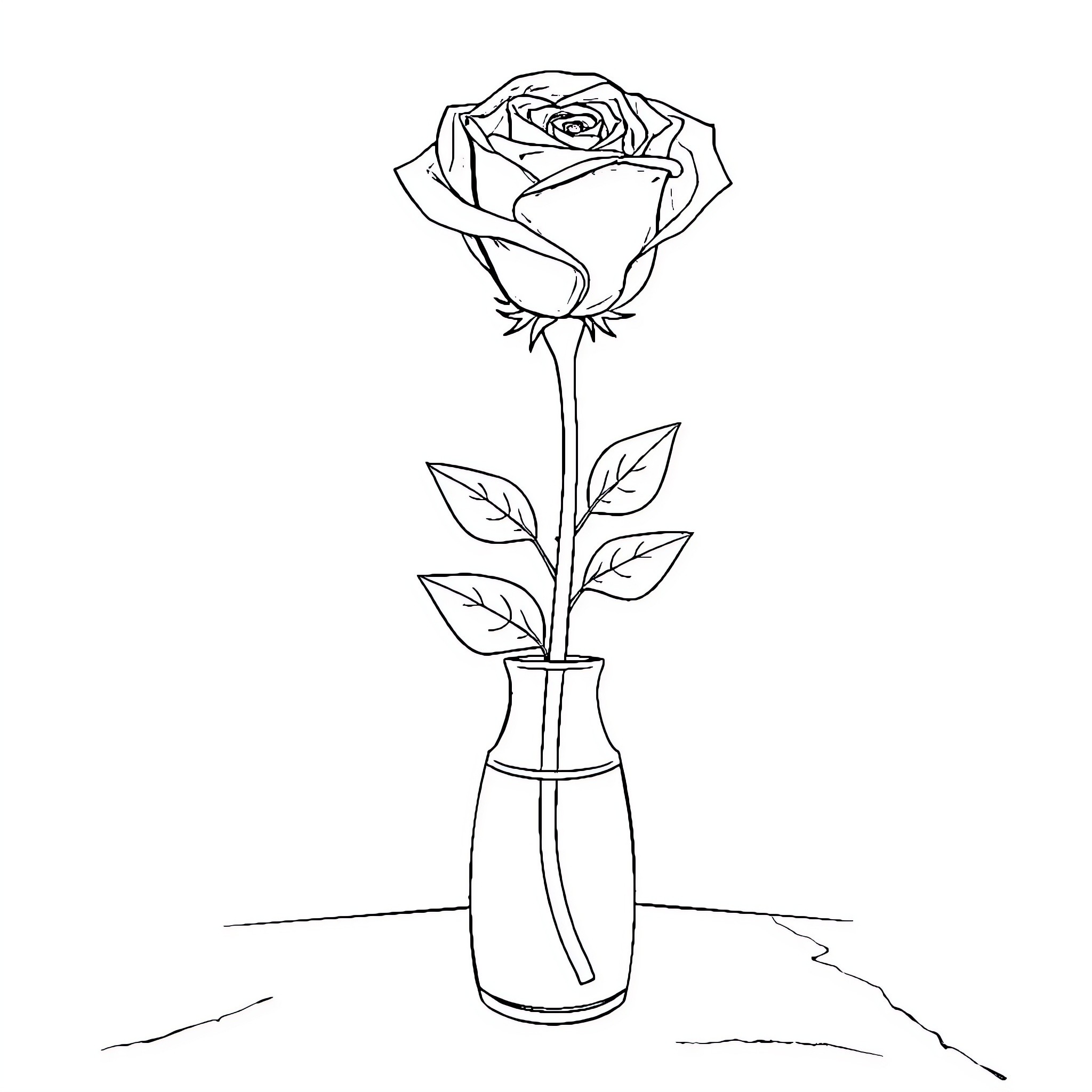 Rose in a Vase Coloring Page (free black-and-white line drawing printable PDF for all, from beginners to advanced learners, including children, teens, adults, and seniors)