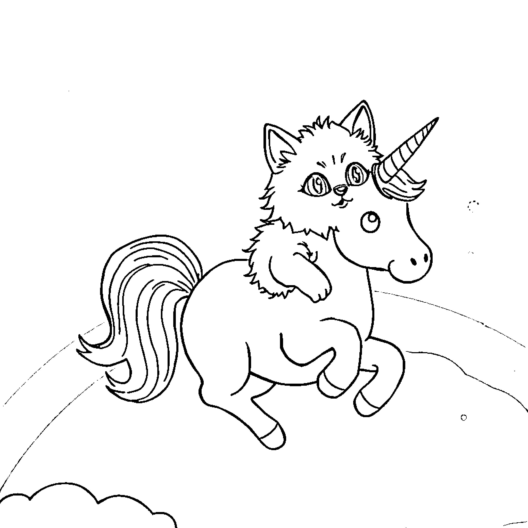 Cat unicorn frolicking in the clouds Coloring Page (free black-and-white line drawing printable PDF for all, from beginners to advanced learners, including children, teens, adults, and seniors)