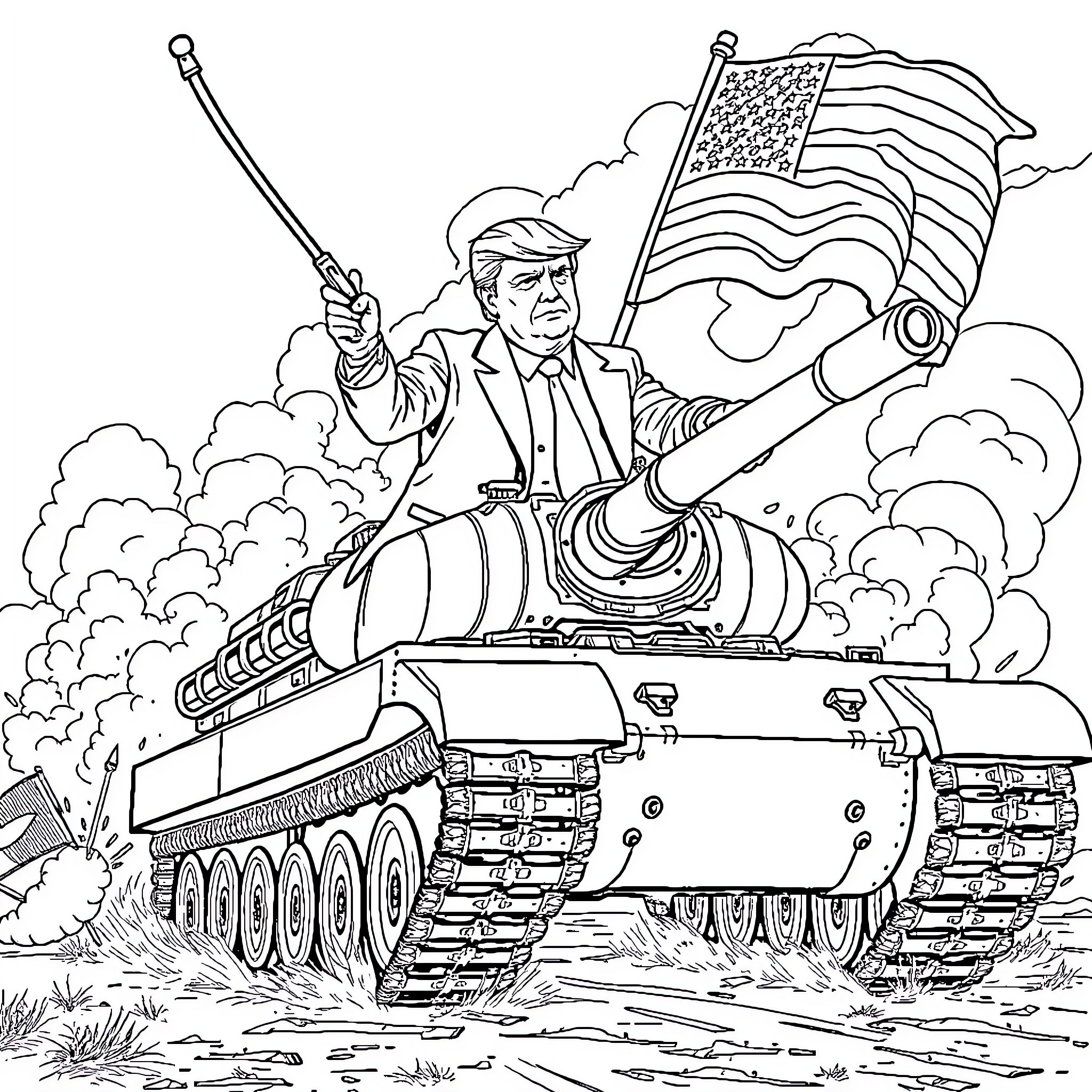 Donald Trump riding a tank with American flag Coloring Page (free black-and-white line drawing printable PDF for all, from beginners to advanced learners, including children, teens, adults, and seniors)