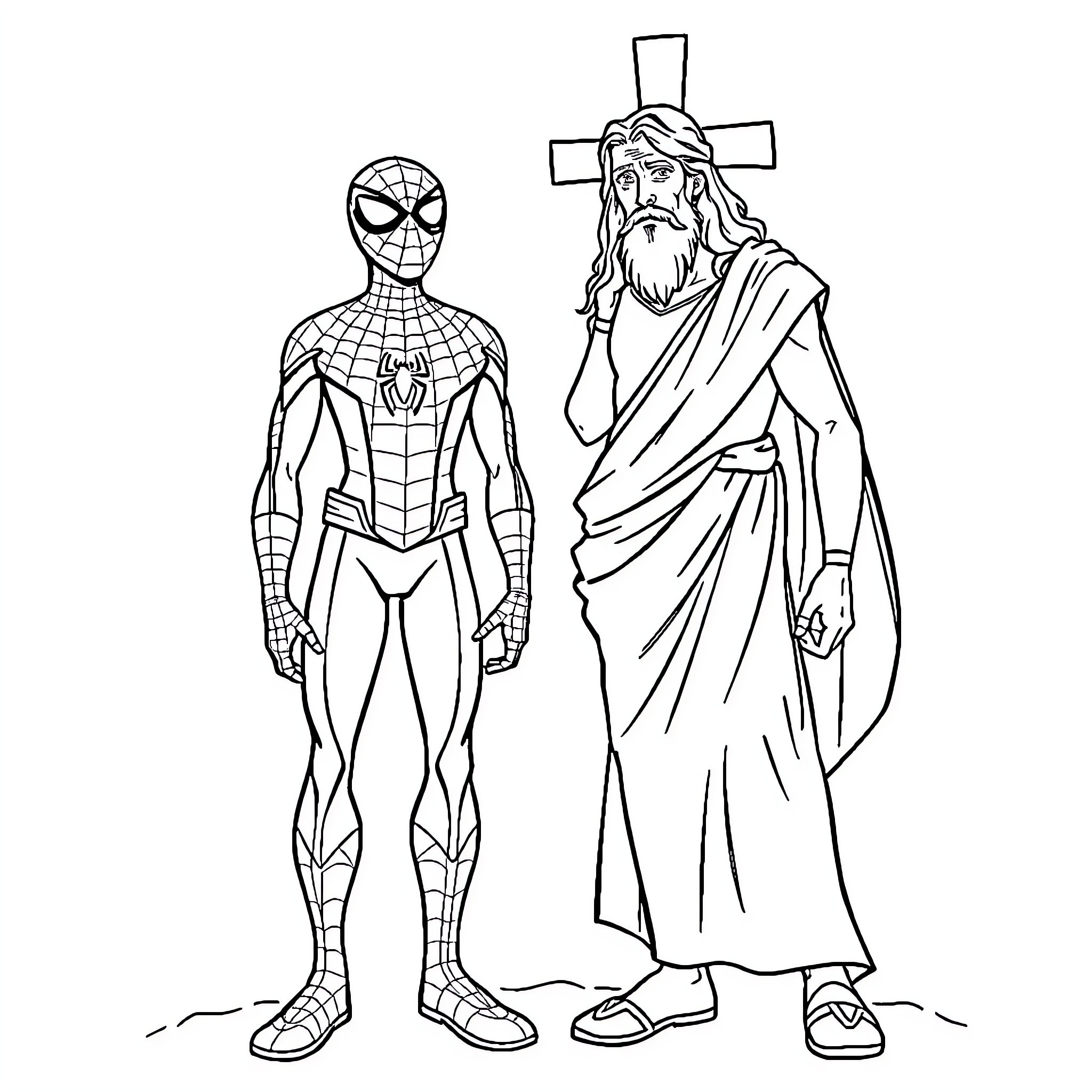 Spider-Man meets Jesus in religious encounter Coloring Page (free black-and-white line drawing printable PDF for all, from beginners to advanced learners, including children, teens, adults, and seniors)