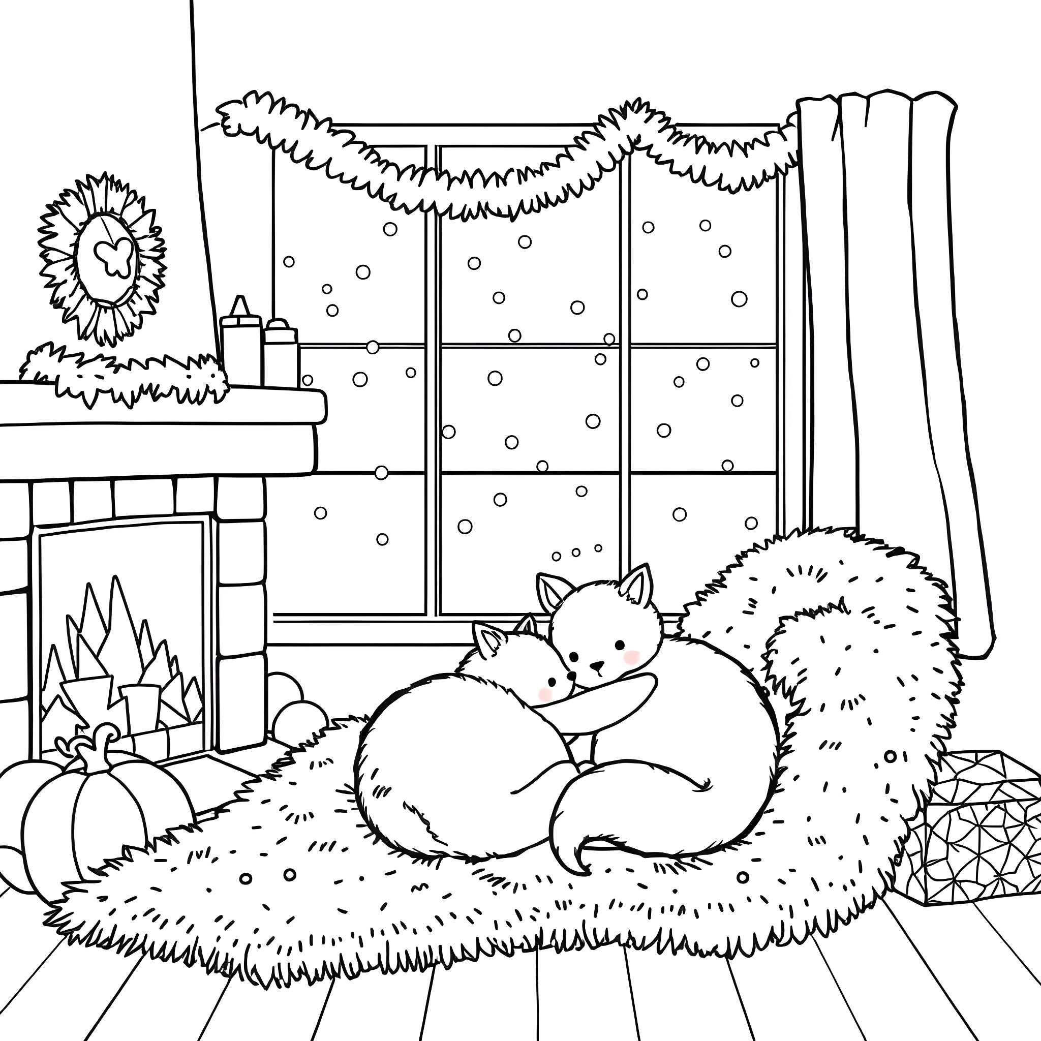 Winter scene with cozy foxes by the fireplace Coloring Page (free black-and-white line drawing printable PDF for all, from beginners to advanced learners, including children, teens, adults, and seniors)