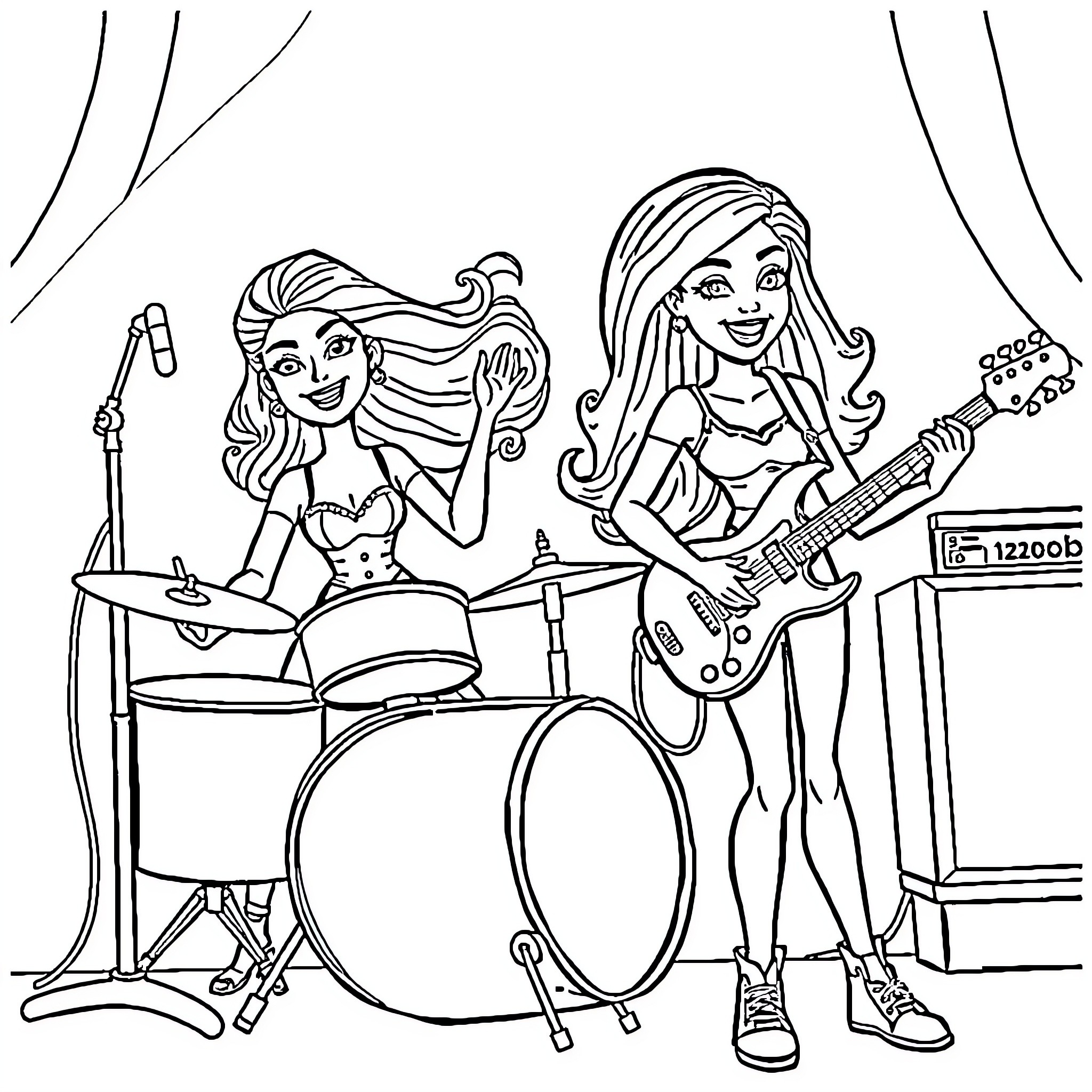 Barbie Rock Band Musicians Performing on Stage Coloring Page (free black-and-white line drawing printable PDF for all, from beginners to advanced learners, including children, teens, adults, and seniors)