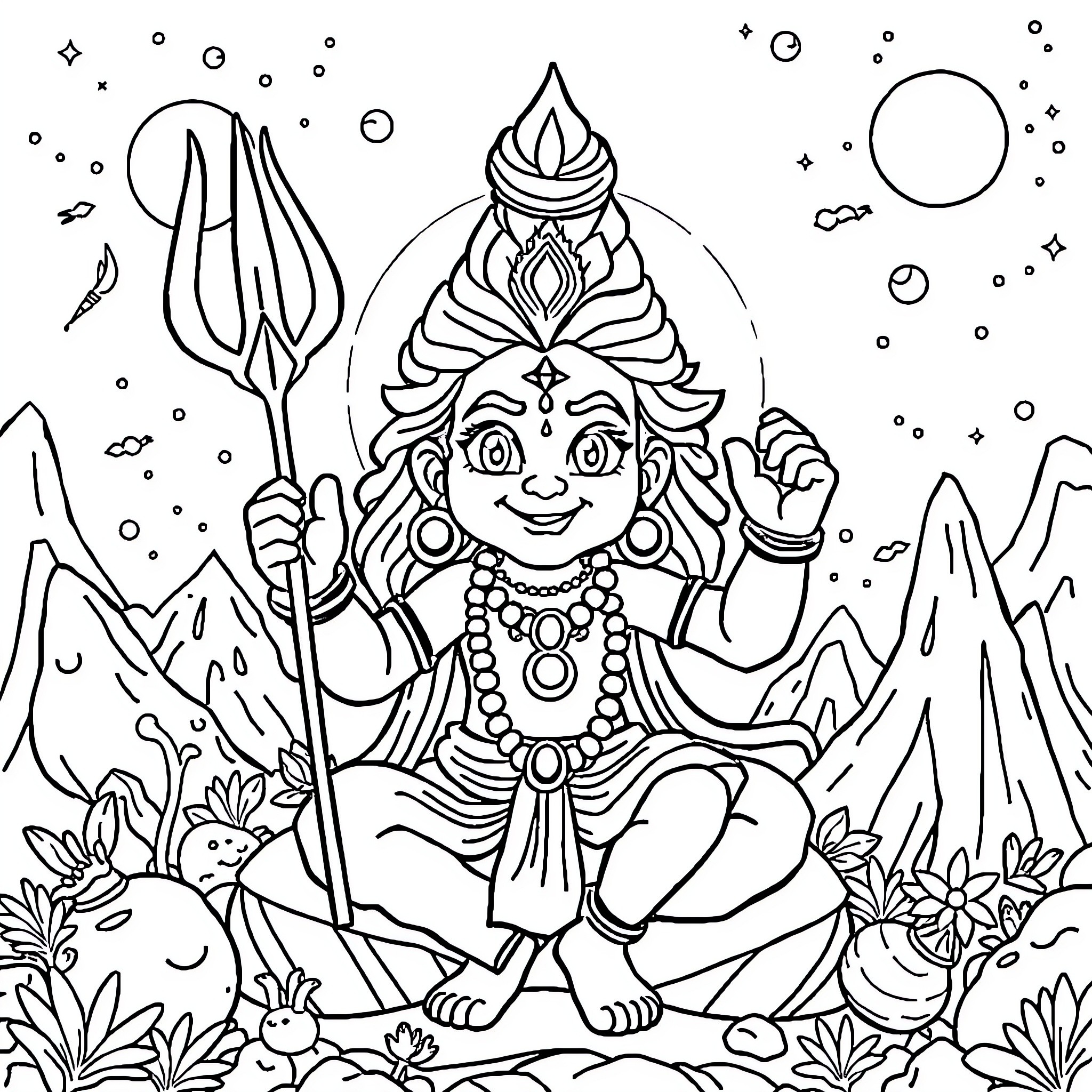 Shiva, the Cosmic Dancer amidst Nature's Splendor Coloring Page (free black-and-white line drawing printable PDF for all, from beginners to advanced learners, including children, teens, adults, and seniors)
