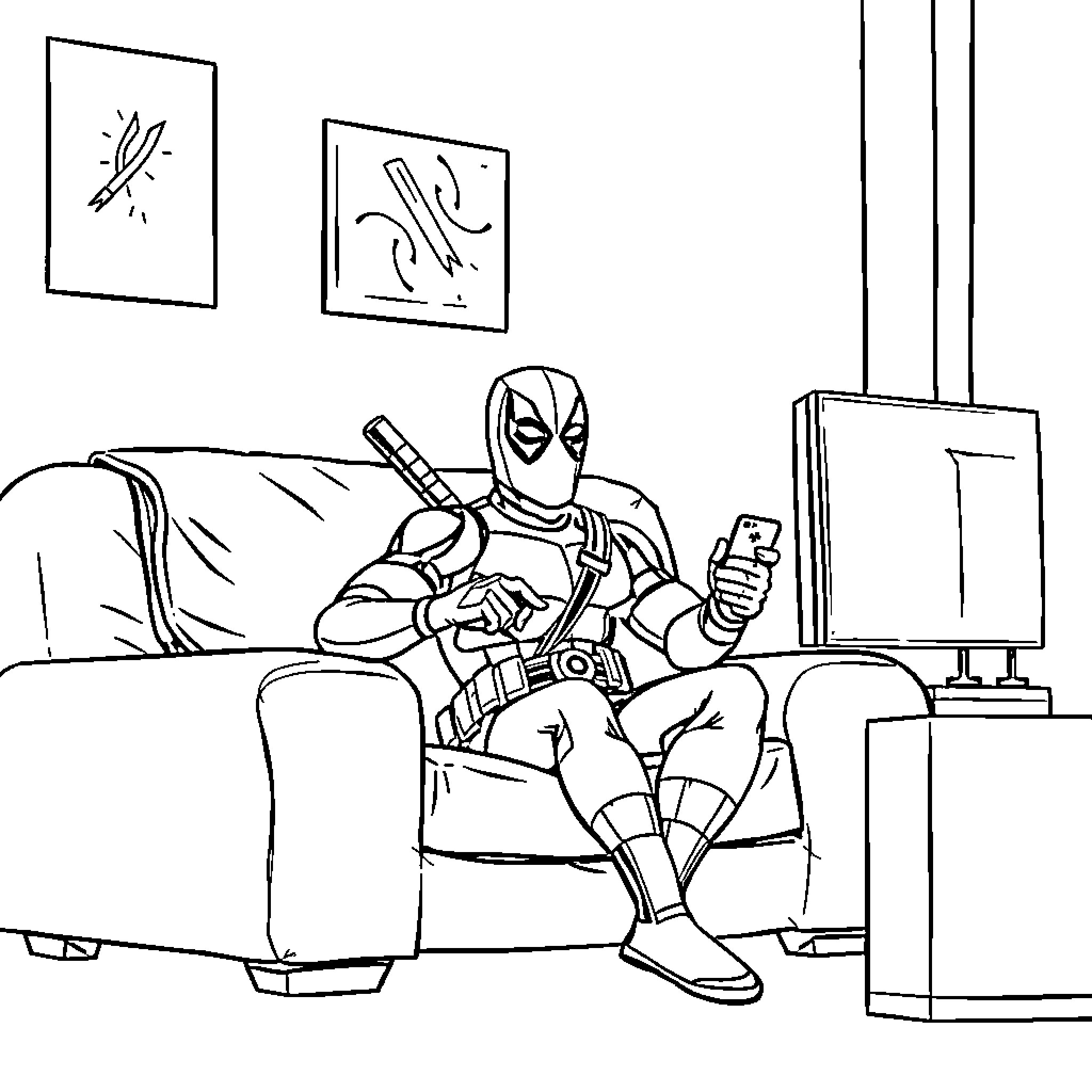 Deadpool relaxing at home with tech gadgets Coloring Page (free black-and-white line drawing printable PDF for all, from beginners to advanced learners, including children, teens, adults, and seniors)