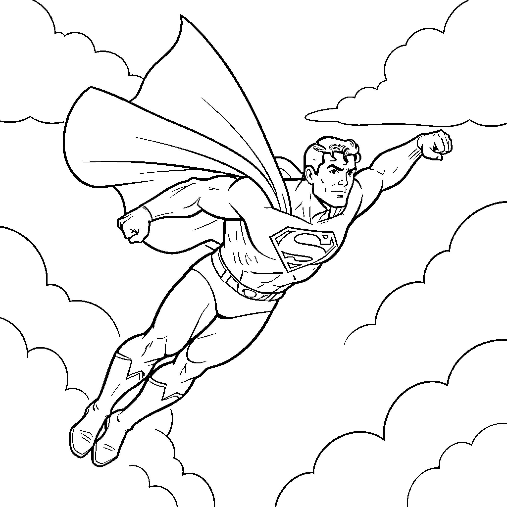 Superman soaring through the clouds in action Coloring Page (free black-and-white line drawing printable PDF for all, from beginners to advanced learners, including children, teens, adults, and seniors)
