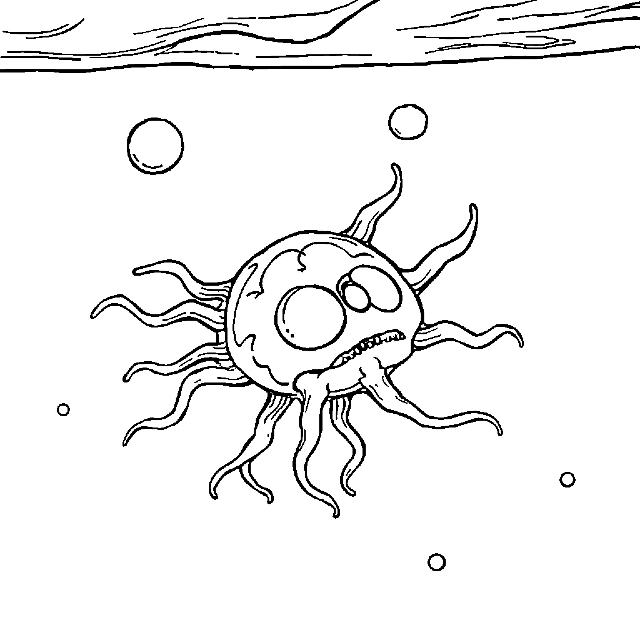 Amoeba swimming playfully in the ocean Coloring Page (free black-and-white line drawing printable PDF for all, from beginners to advanced learners, including children, teens, adults, and seniors)