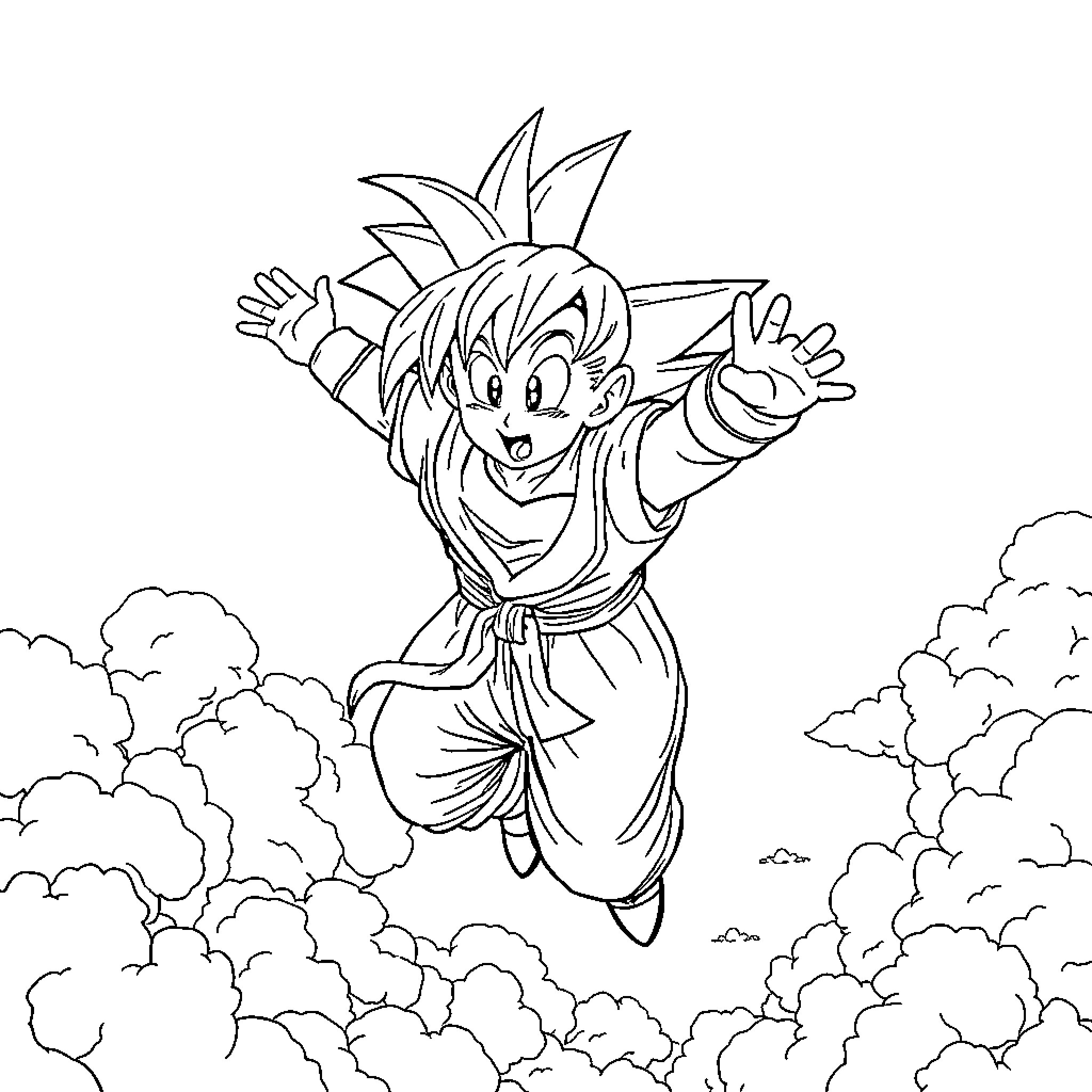 Son Goku Soaring Through the Clouds Coloring Page (free black-and-white line drawing printable PDF for all, from beginners to advanced learners, including children, teens, adults, and seniors)