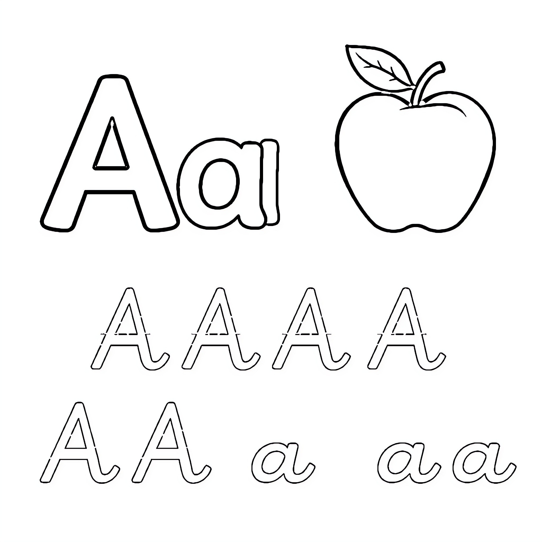 Alphabet A with an apple illustration Coloring Page (free black-and-white line drawing printable PDF for all, from beginners to advanced learners, including children, teens, adults, and seniors)