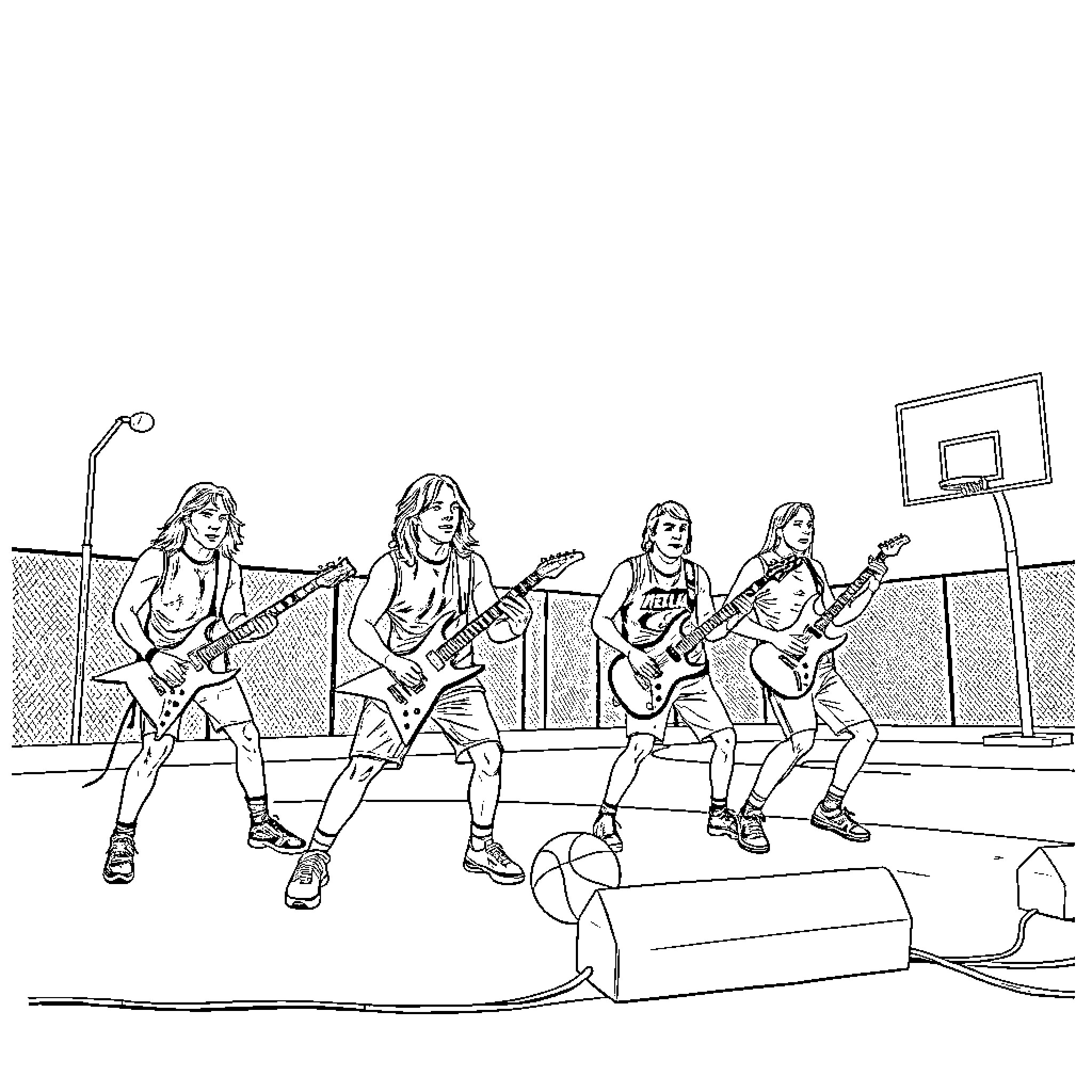 Metallica Rocking Out on the Basketball Court Coloring Page (free black-and-white line drawing printable PDF for all, from beginners to advanced learners, including children, teens, adults, and seniors)