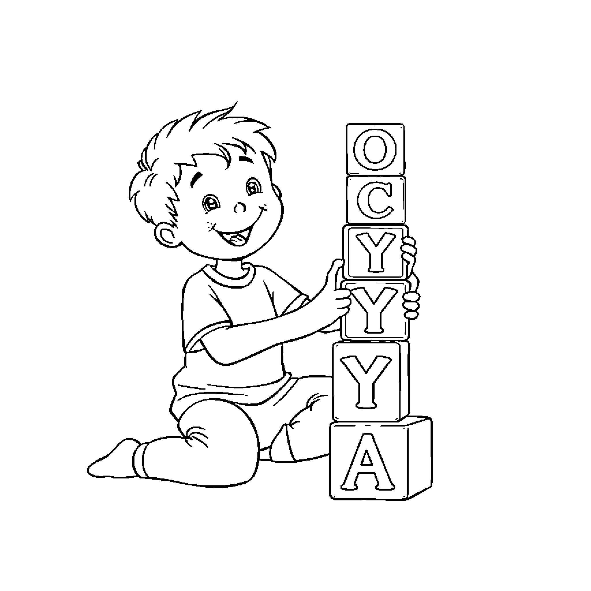 Child playing with letter blocks Coloring Page (free black-and-white line drawing printable PDF for all, from beginners to advanced learners, including children, teens, adults, and seniors)