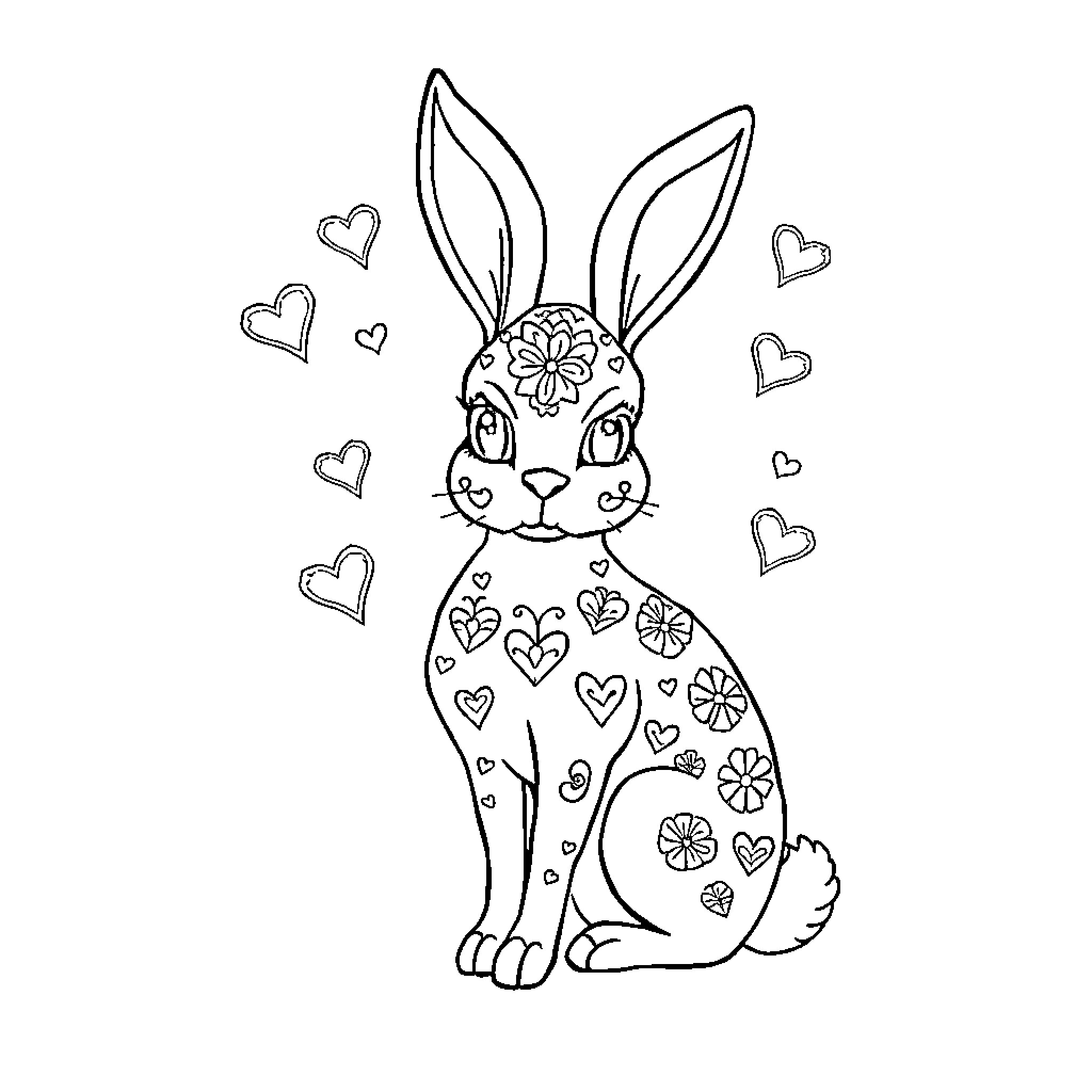 Frog Bunny with Floral Decorations and Hearts Coloring Page (free black-and-white line drawing printable PDF for all, from beginners to advanced learners, including children, teens, adults, and seniors)