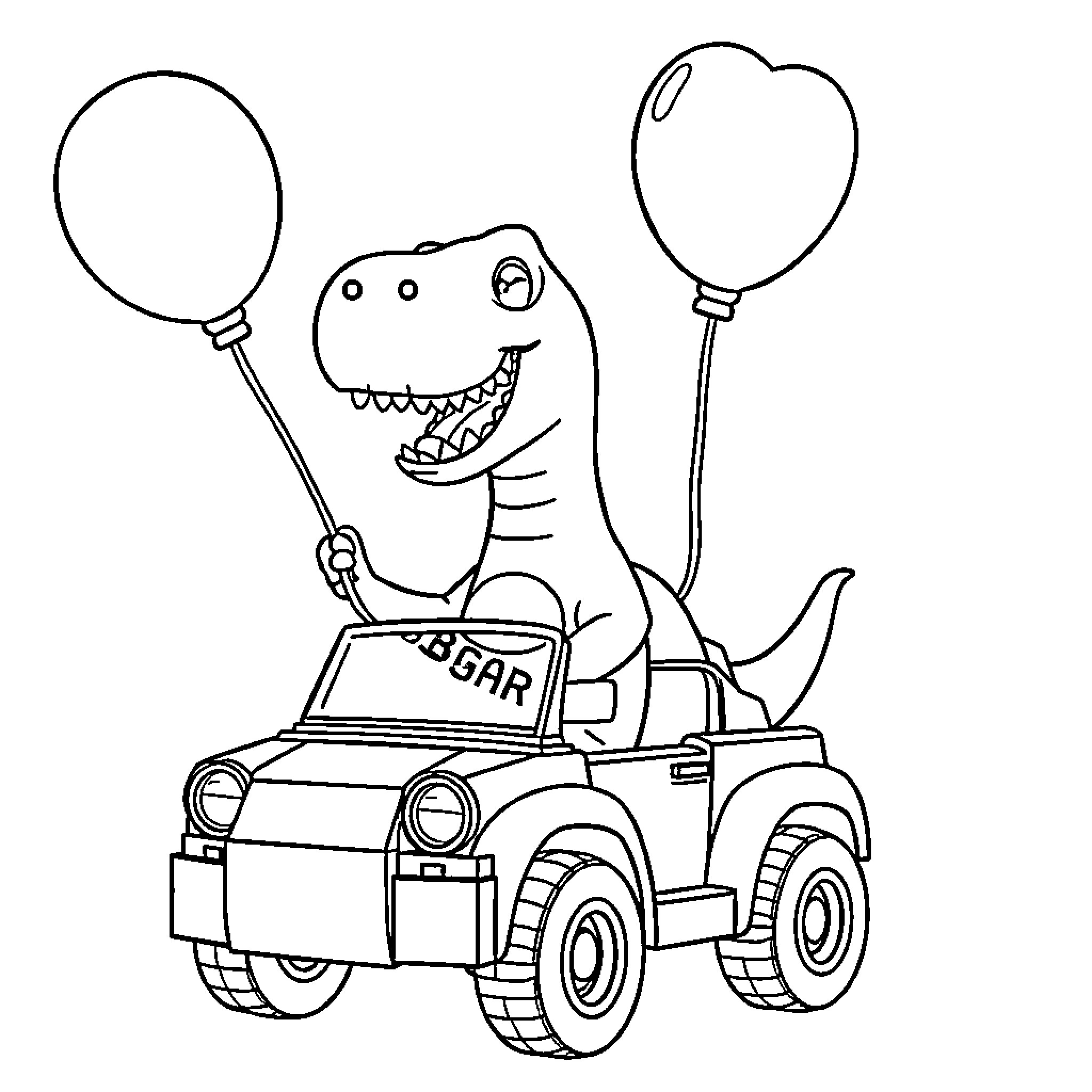 Dino driving happily with balloons Coloring Page (free black-and-white line drawing printable PDF for all, from beginners to advanced learners, including children, teens, adults, and seniors)