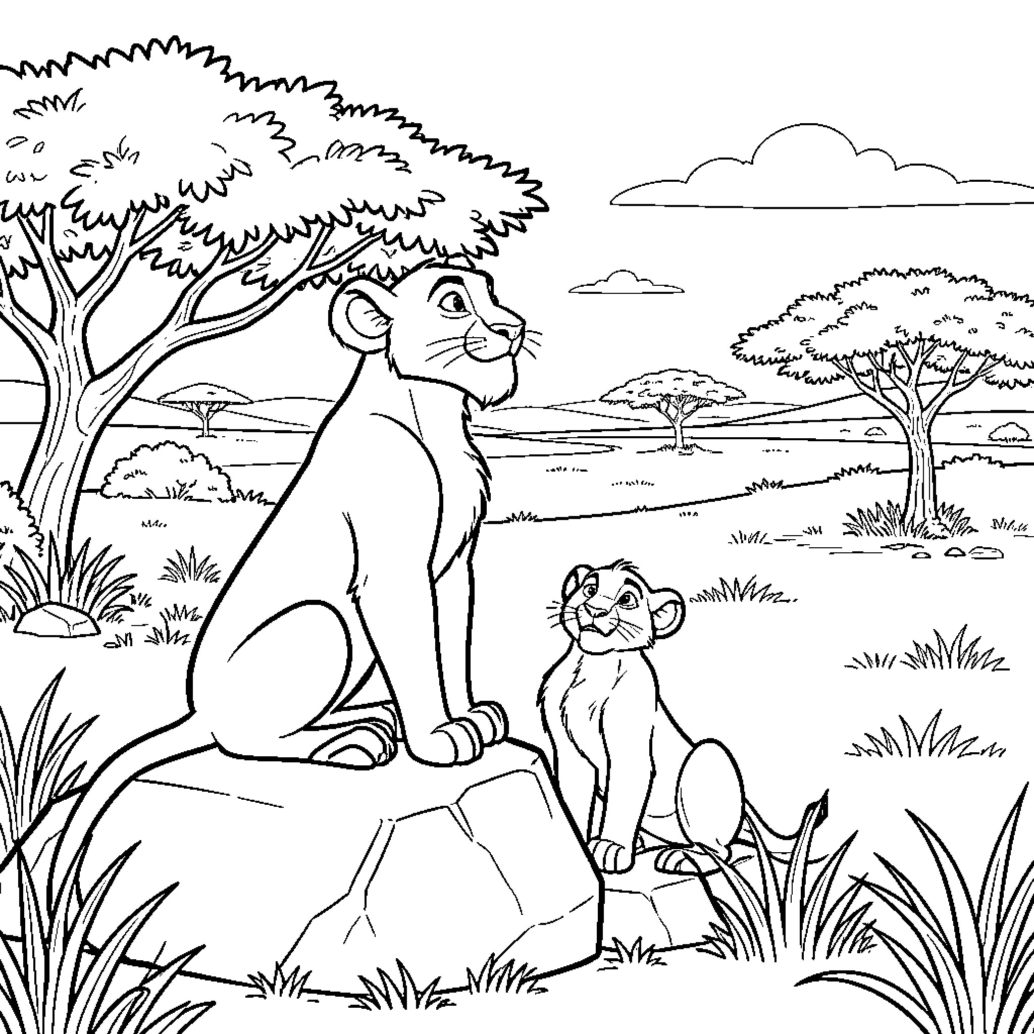 Simba sitting on a rock overlooking the savanna Coloring Page (free black-and-white line drawing printable PDF for all, from beginners to advanced learners, including children, teens, adults, and seniors)