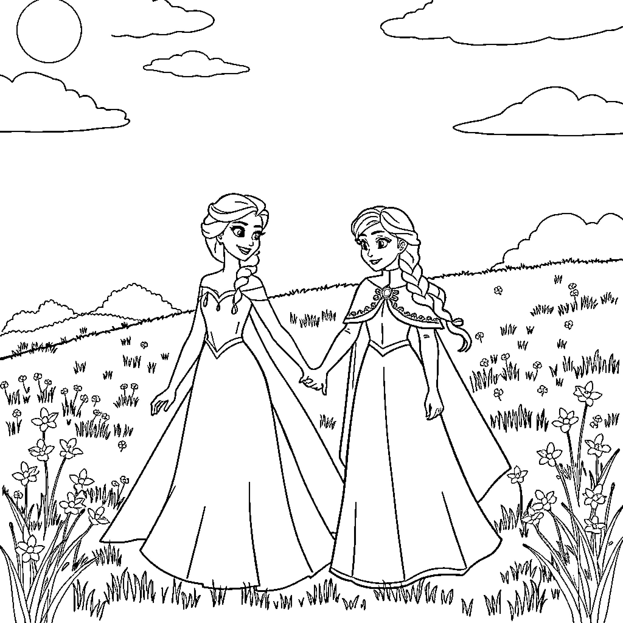 Elsa and Anna strolling through a floral field Coloring Page (free black-and-white line drawing printable PDF for all, from beginners to advanced learners, including children, teens, adults, and seniors)