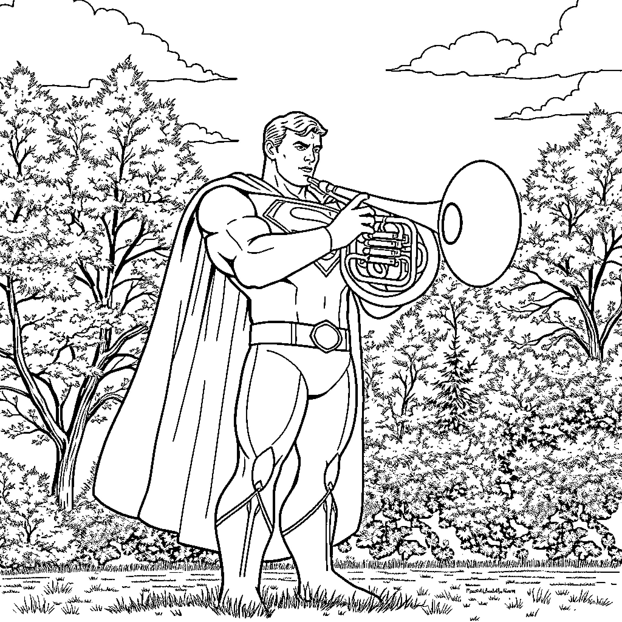 Superman playing a musical instrument in the forest Coloring Page (free black-and-white line drawing printable PDF for all, from beginners to advanced learners, including children, teens, adults, and seniors)