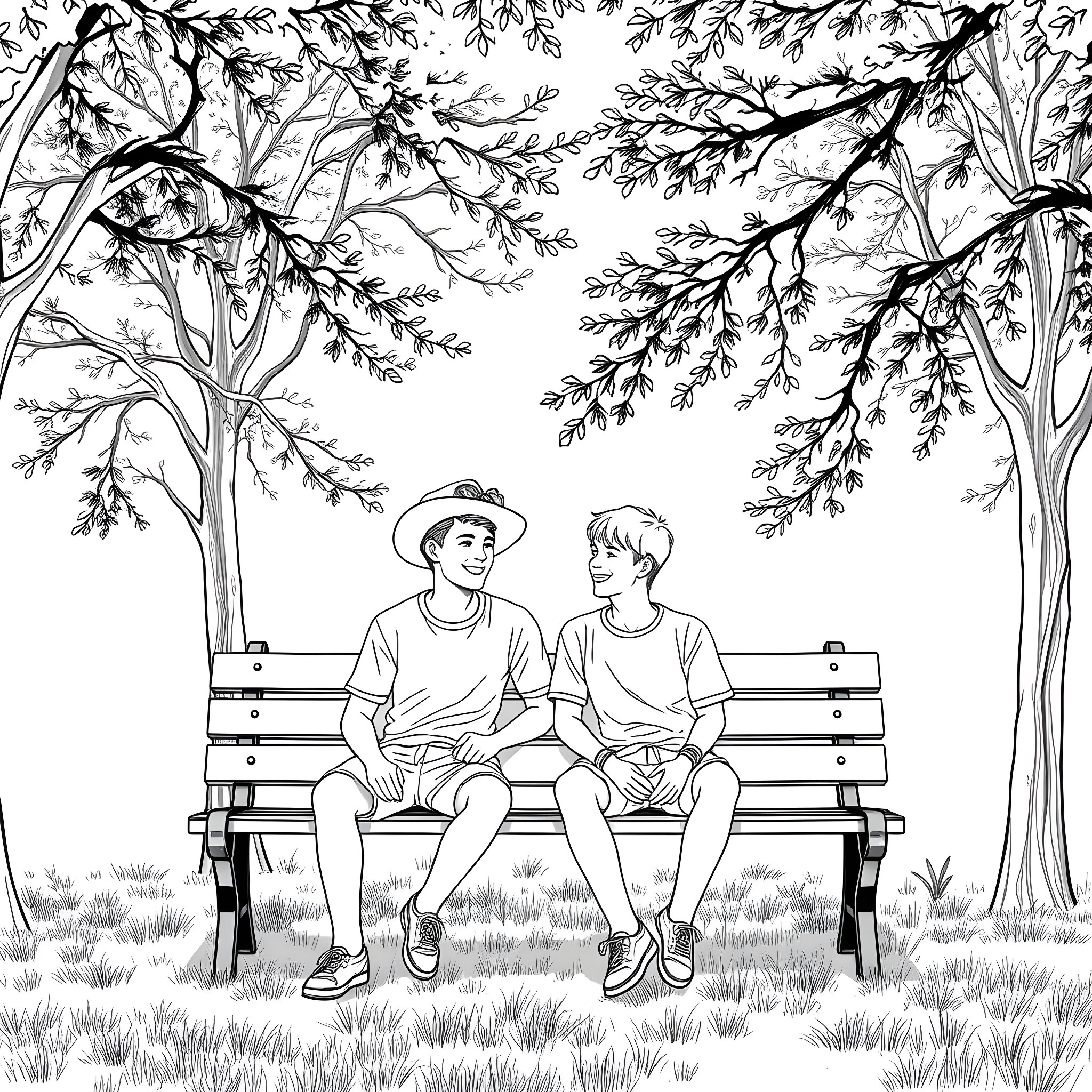 Teen Guys Chatting on Bench in Park Coloring Page (free black-and-white line drawing printable PDF for all, from beginners to advanced learners, including children, teens, adults, and seniors)