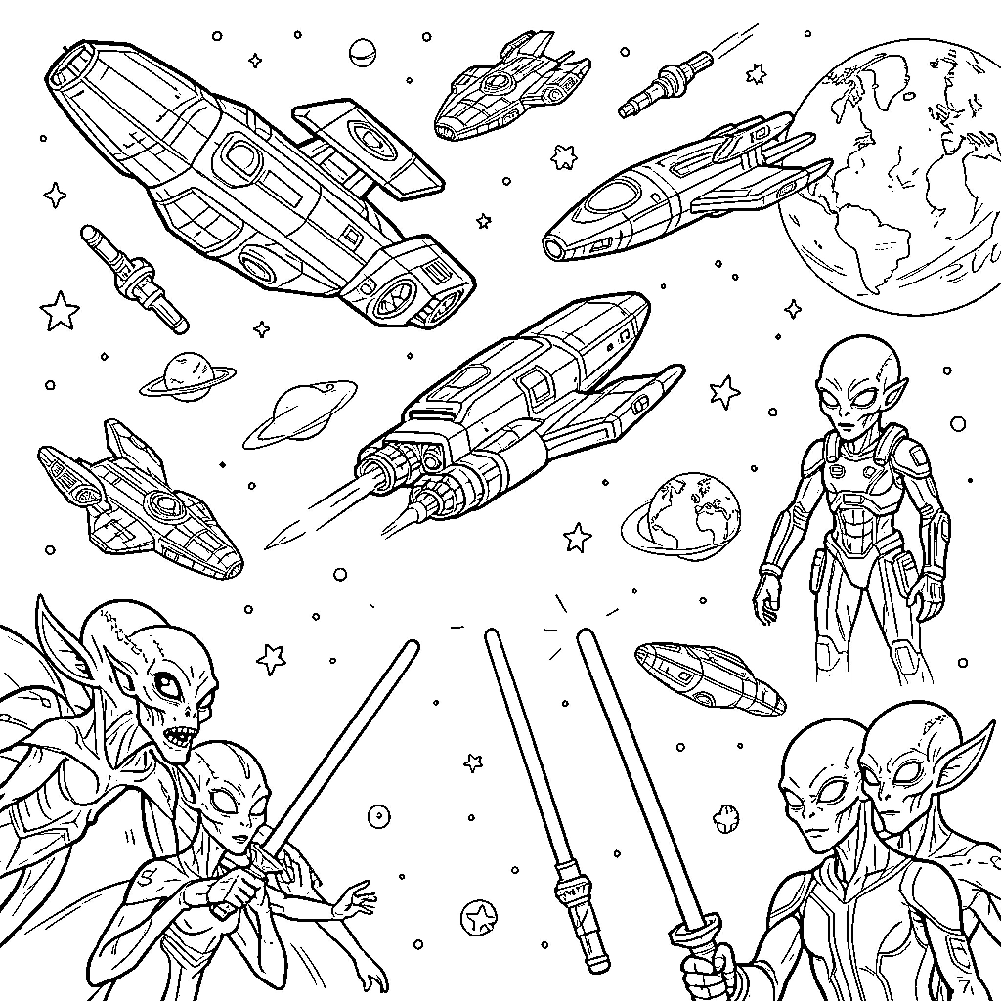Star Wars space battle with aliens and starships Coloring Page (free black-and-white line drawing printable PDF for all, from beginners to advanced learners, including children, teens, adults, and seniors)
