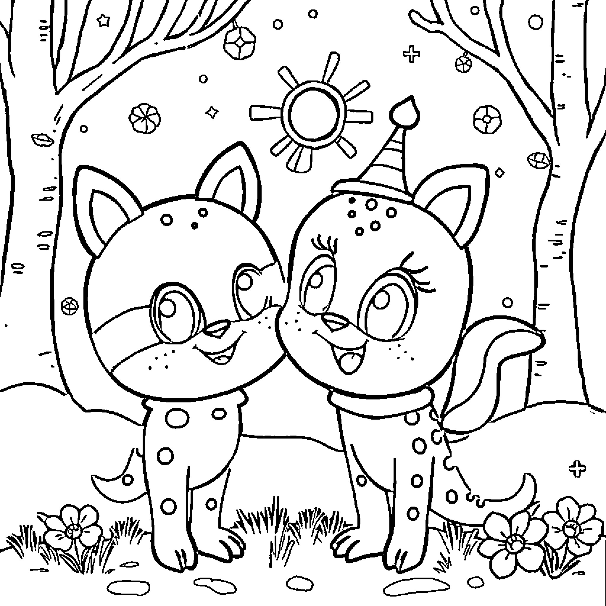 Medvídek's Festive Friends in the Forest Coloring Page (free black-and-white line drawing printable PDF for all, from beginners to advanced learners, including children, teens, adults, and seniors)