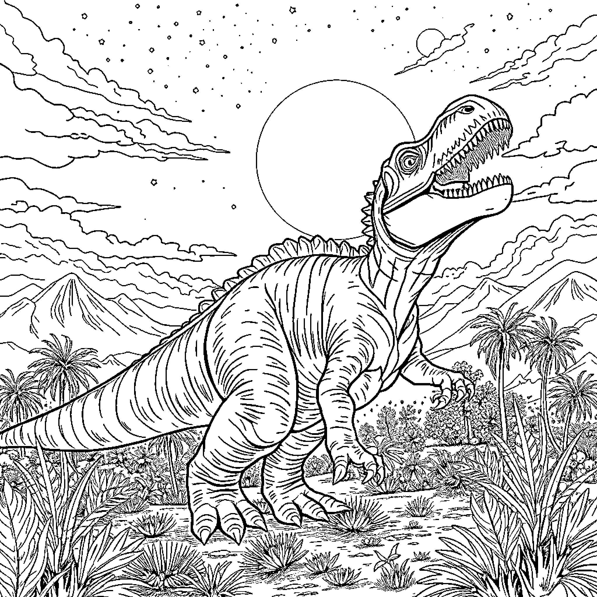 Dinosaur roams prehistoric landscape under starry night sky Coloring Page (free black-and-white line drawing printable PDF for all, from beginners to advanced learners, including children, teens, adults, and seniors)