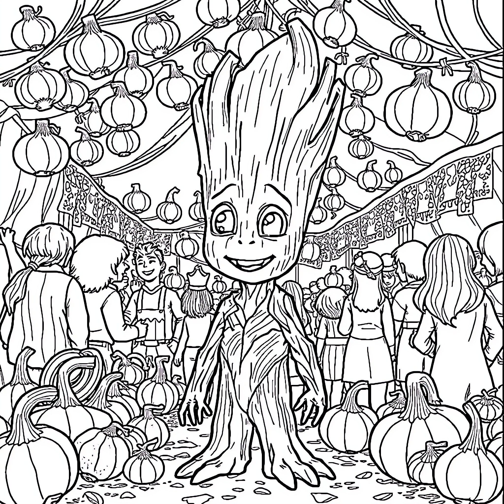 Groot surrounded by pumpkins and festival in the background Coloring Page (free black-and-white line drawing printable PDF for all, from beginners to advanced learners, including children, teens, adults, and seniors)