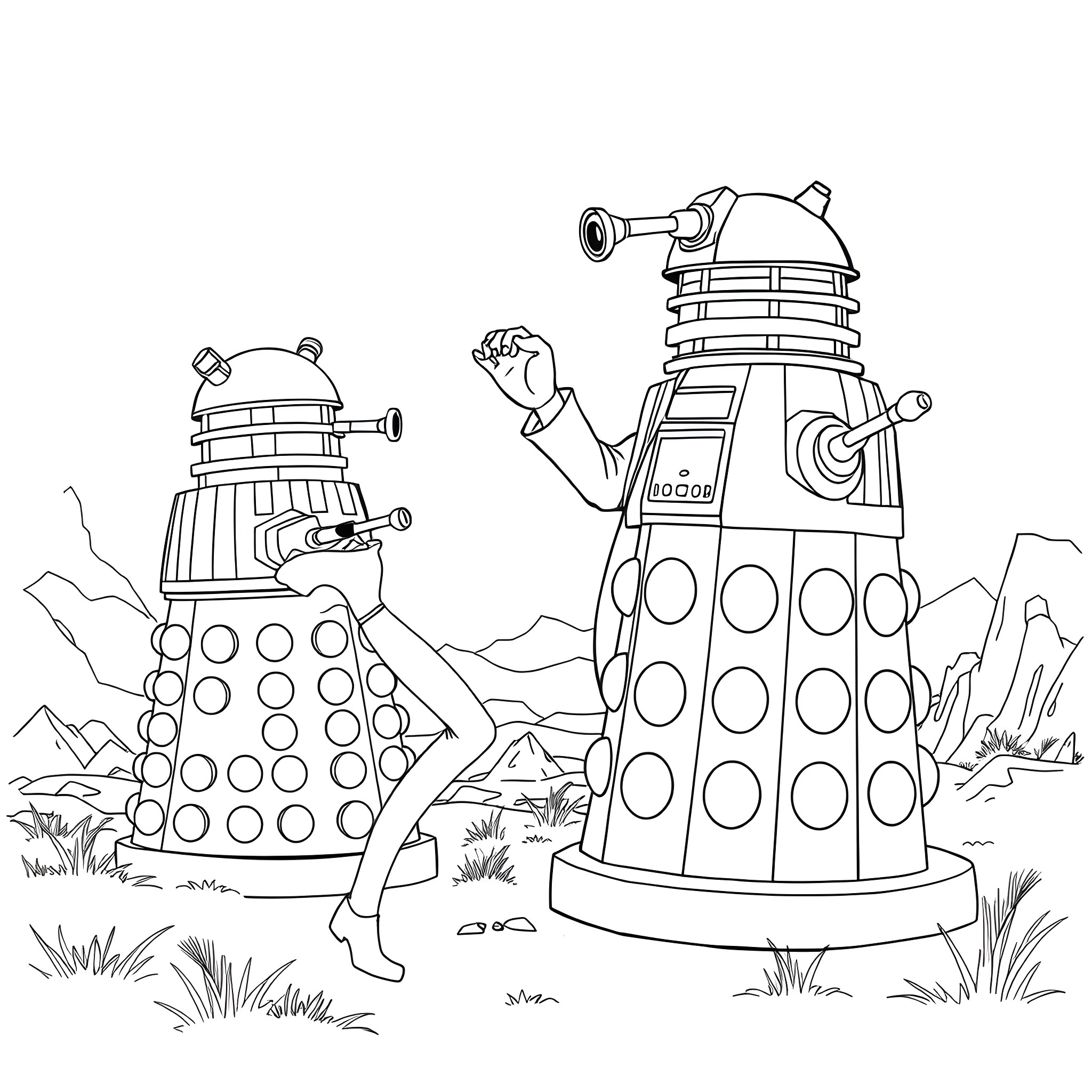 Doctor Who Daleks on an Alien Landscape Coloring Page (free black-and-white line drawing printable PDF for all, from beginners to advanced learners, including children, teens, adults, and seniors)