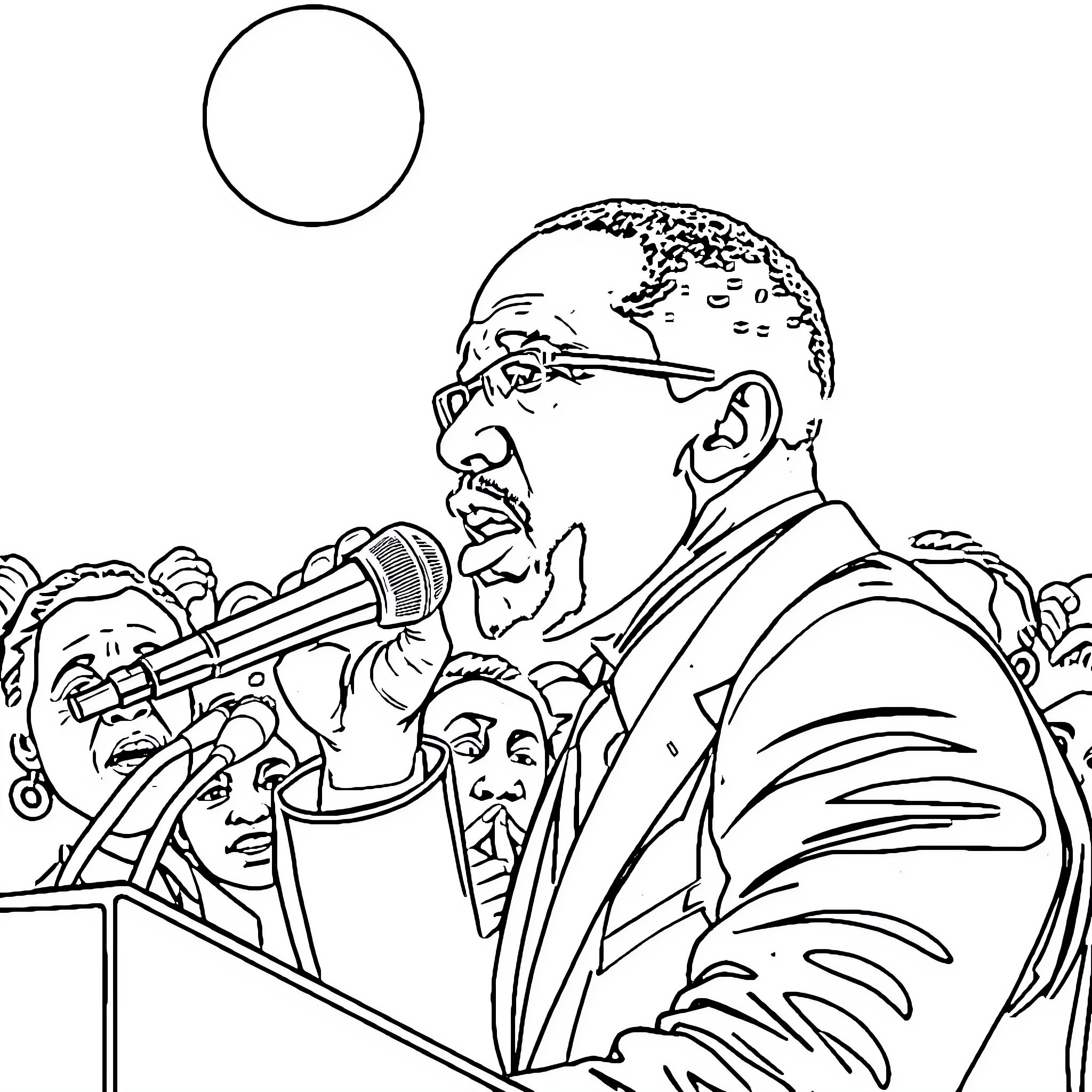 Malcolm X Delivering Passionate Speech to Crowd Coloring Page (free black-and-white line drawing printable PDF for all, from beginners to advanced learners, including children, teens, adults, and seniors)
