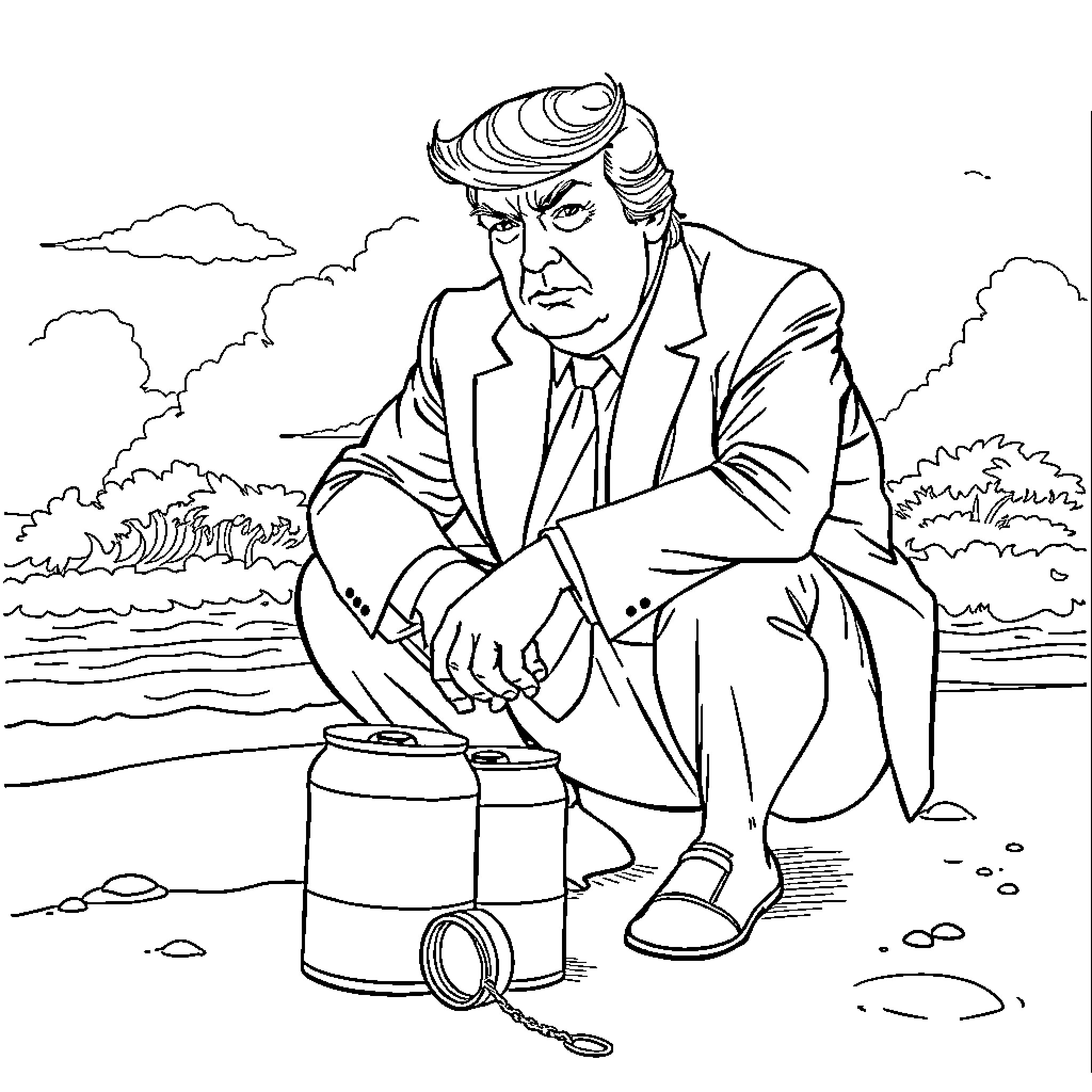 Donald Trump Contemplating by the Lakeside Coloring Page (free black-and-white line drawing printable PDF for all, from beginners to advanced learners, including children, teens, adults, and seniors)