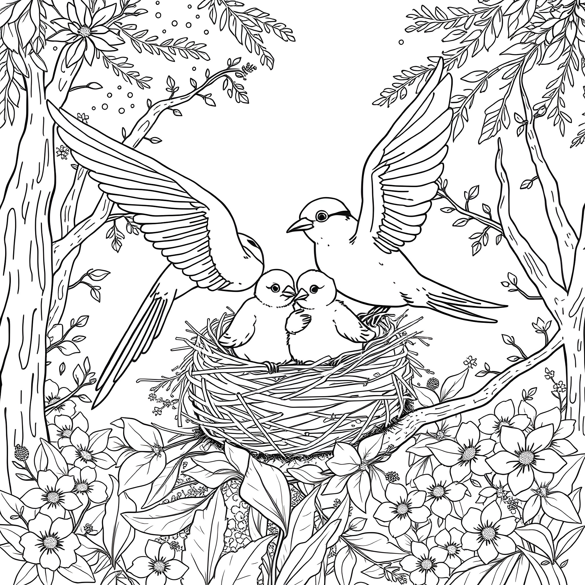 Love Bird Family in Floral Nest Coloring Page (free black-and-white line drawing printable PDF for all, from beginners to advanced learners, including children, teens, adults, and seniors)