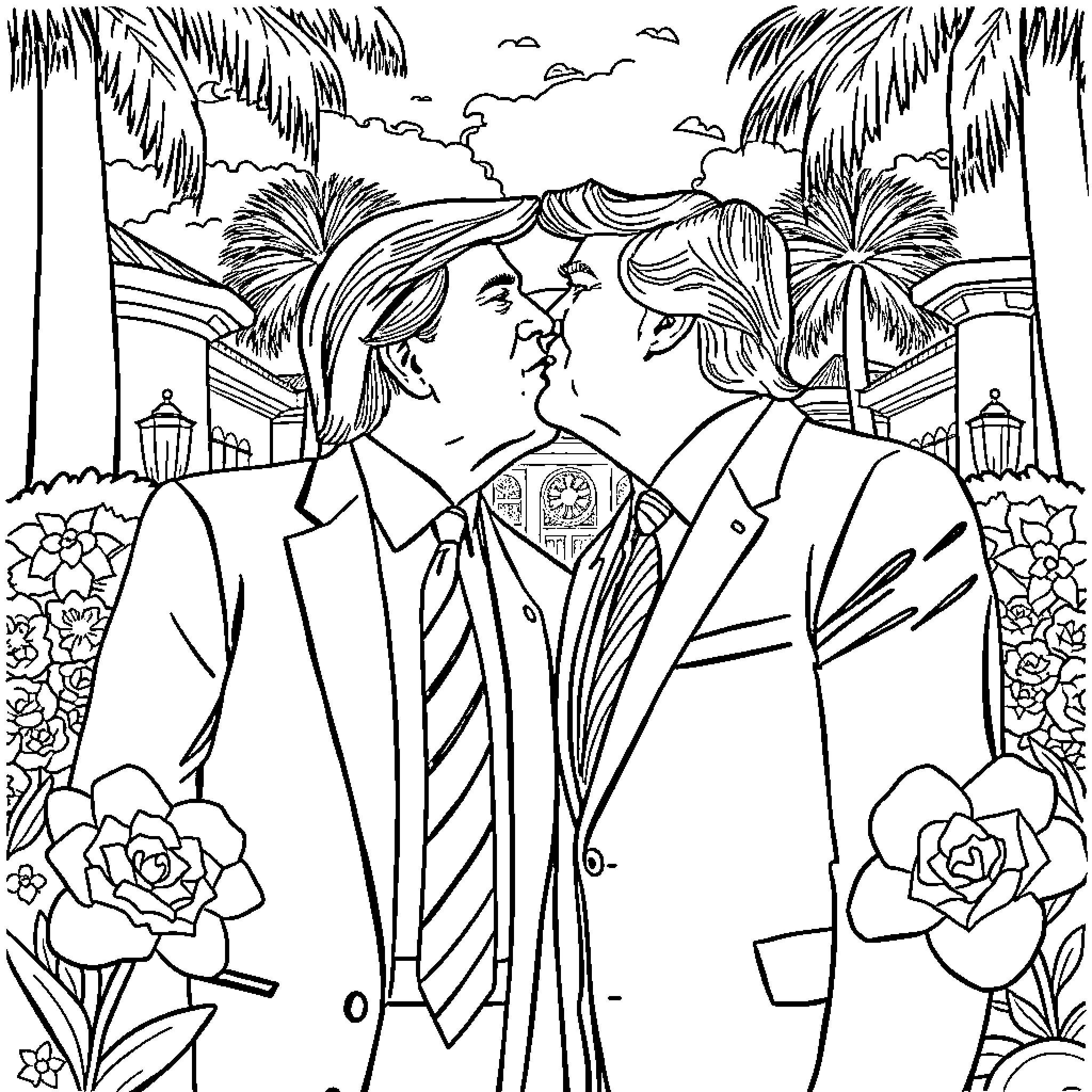 Trump and another individual in formal attire sharing an intimate moment Coloring Page (free black-and-white line drawing printable PDF for all, from beginners to advanced learners, including children, teens, adults, and seniors)