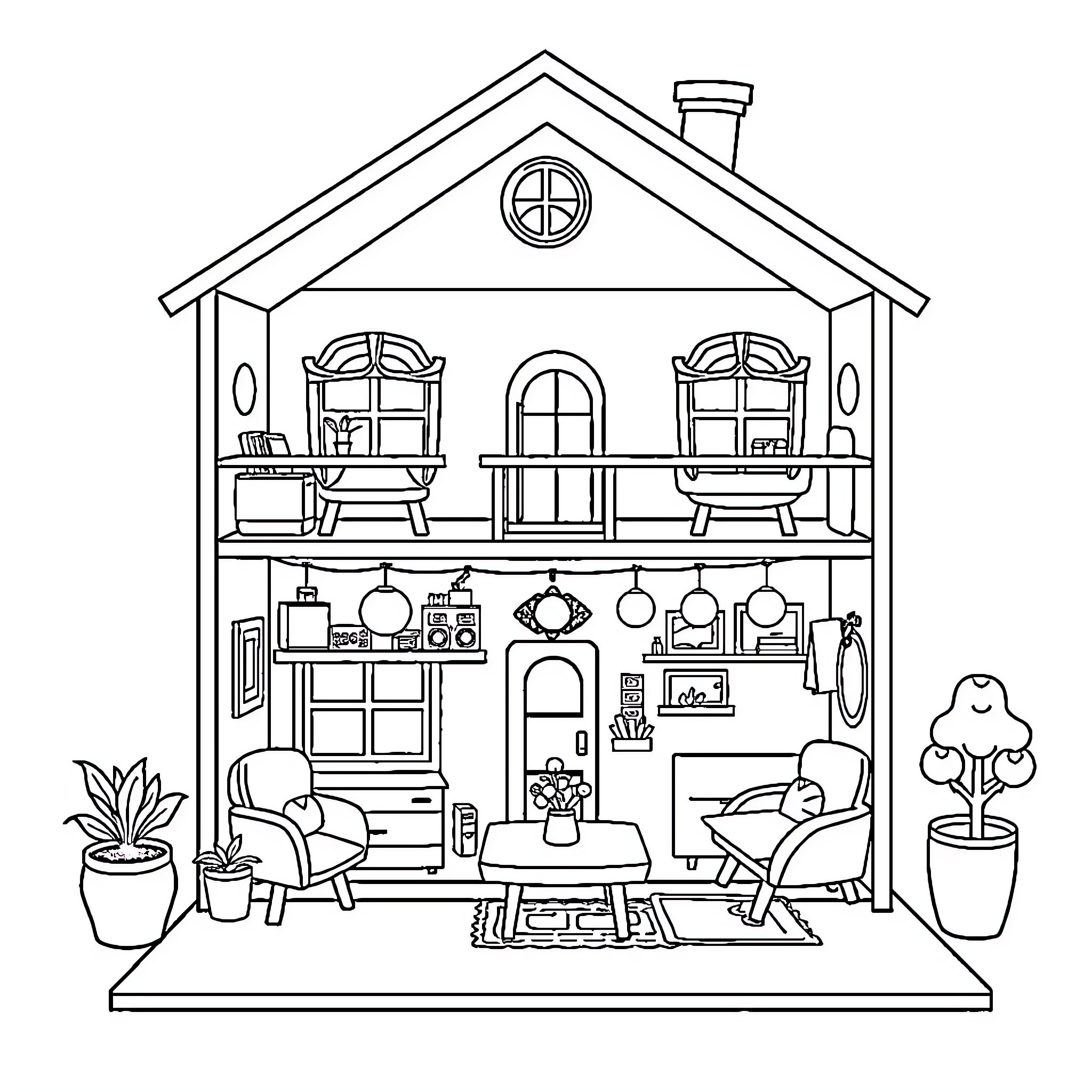 Dollhouse with Cozy Furnishings and Decor Coloring Page (free black-and-white line drawing printable PDF for all, from beginners to advanced learners, including children, teens, adults, and seniors)