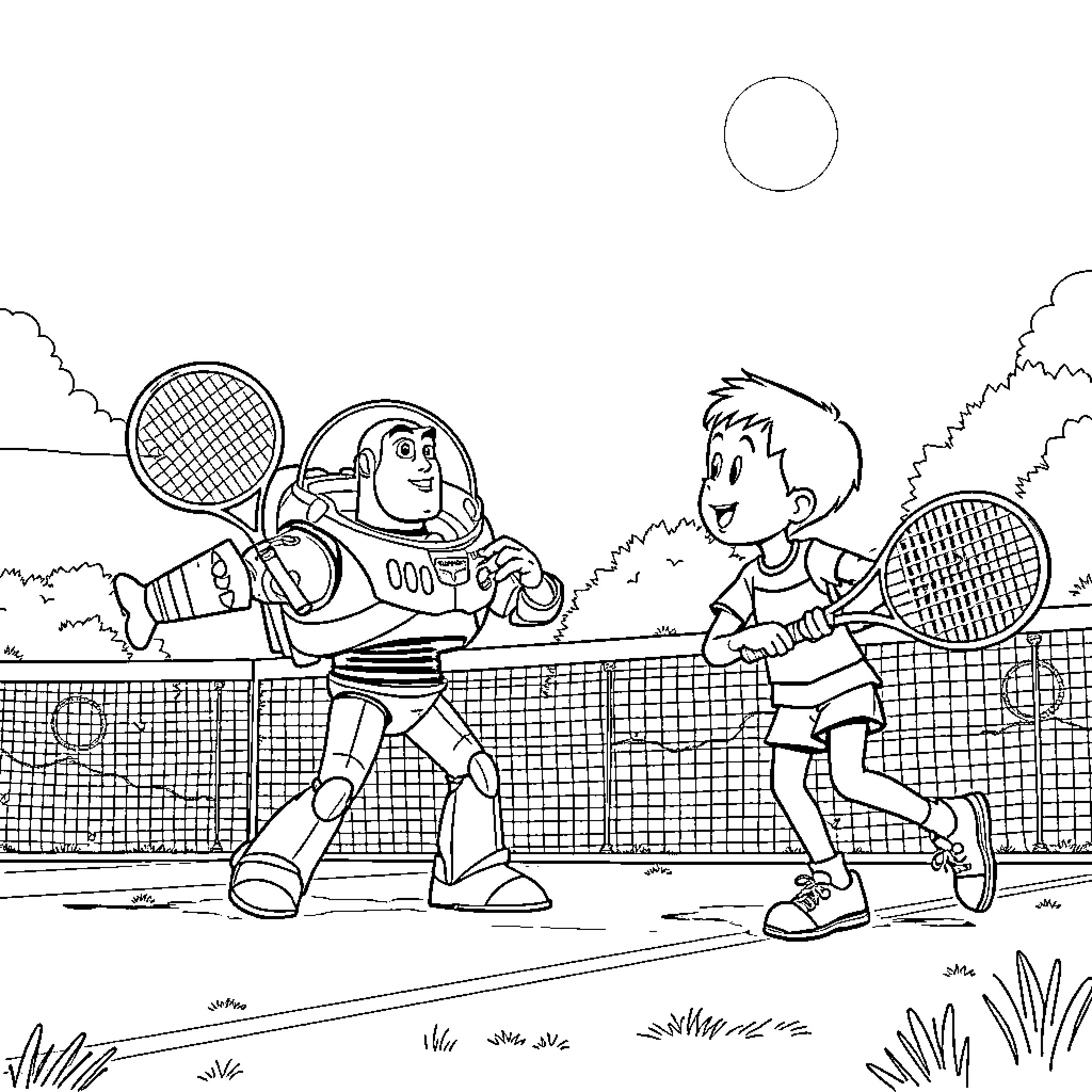 Buzz Lightyear playing tennis with a young boy Coloring Page (free black-and-white line drawing printable PDF for all, from beginners to advanced learners, including children, teens, adults, and seniors)