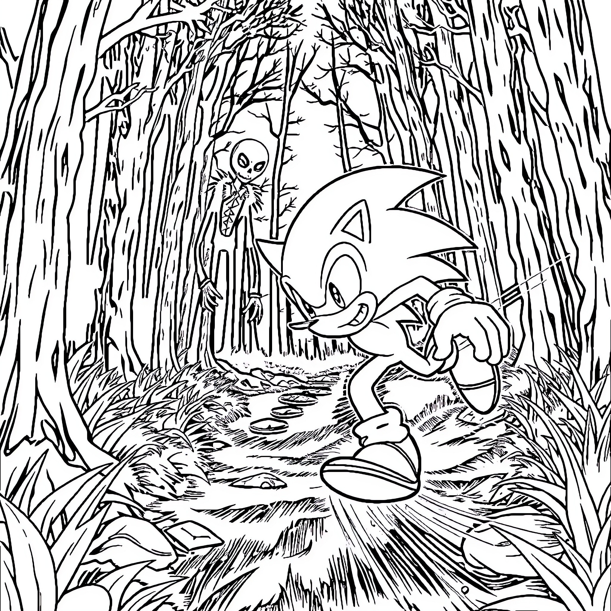 Sonic explores the mysterious forest Coloring Page (free black-and-white line drawing printable PDF for all, from beginners to advanced learners, including children, teens, adults, and seniors)
