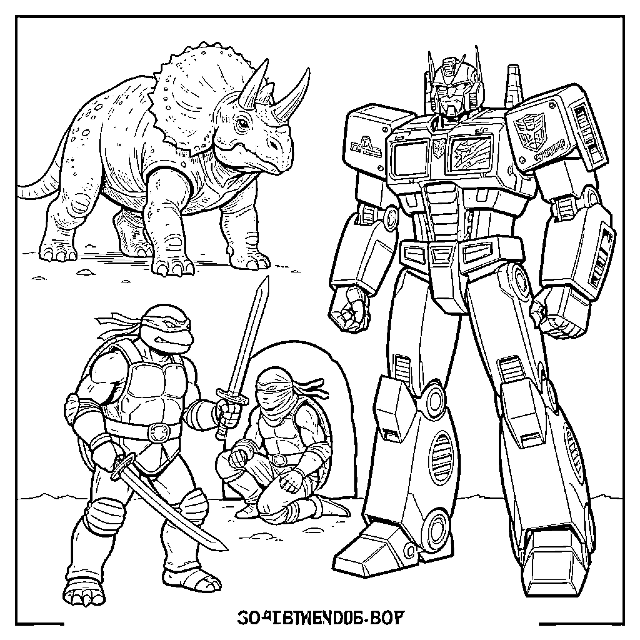 Ninja turtles battling alongside a giant robot and dinosaur Coloring Page (free black-and-white line drawing printable PDF for all, from beginners to advanced learners, including children, teens, adults, and seniors)