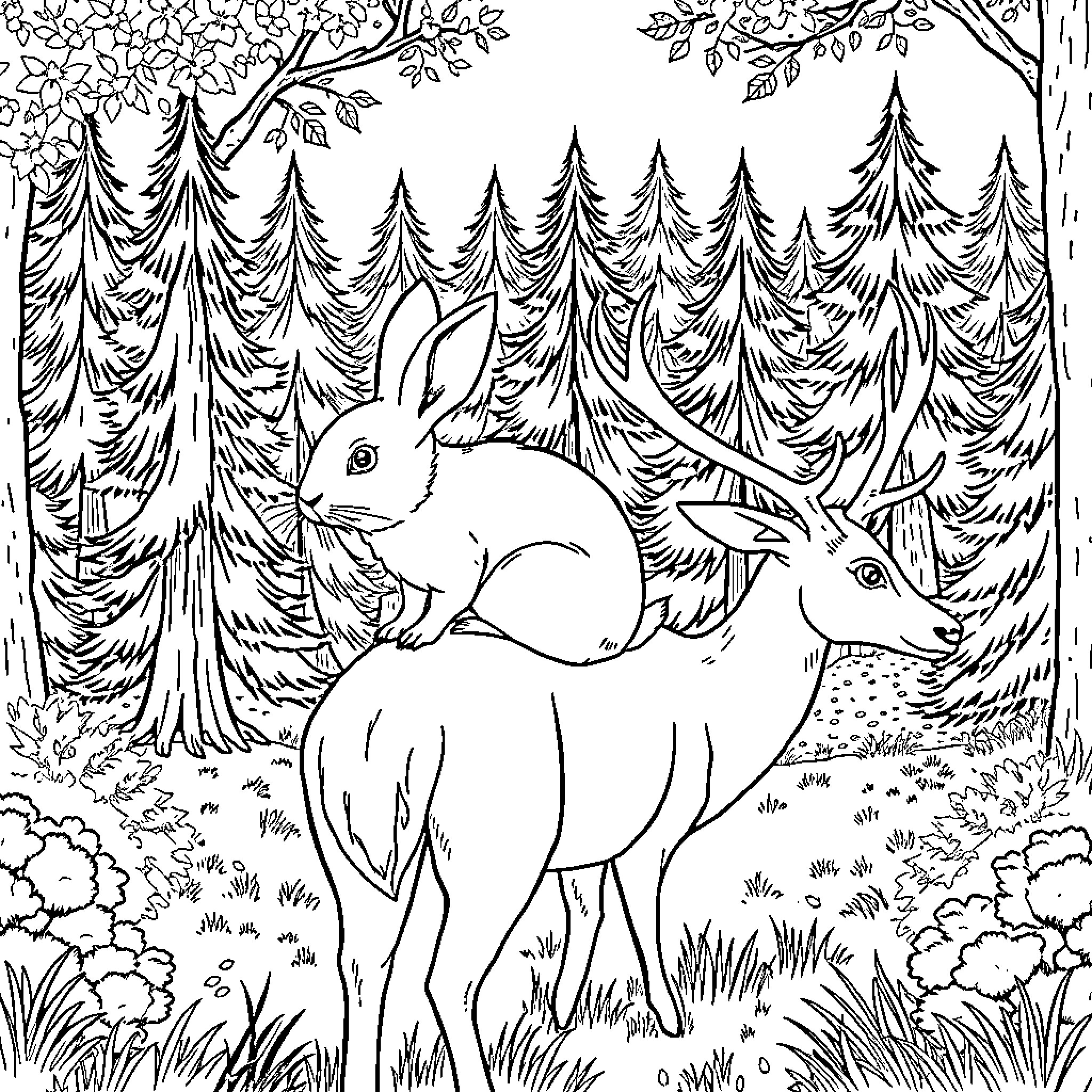 Rabbits exploring the enchanted forest Coloring Page (free black-and-white line drawing printable PDF for all, from beginners to advanced learners, including children, teens, adults, and seniors)