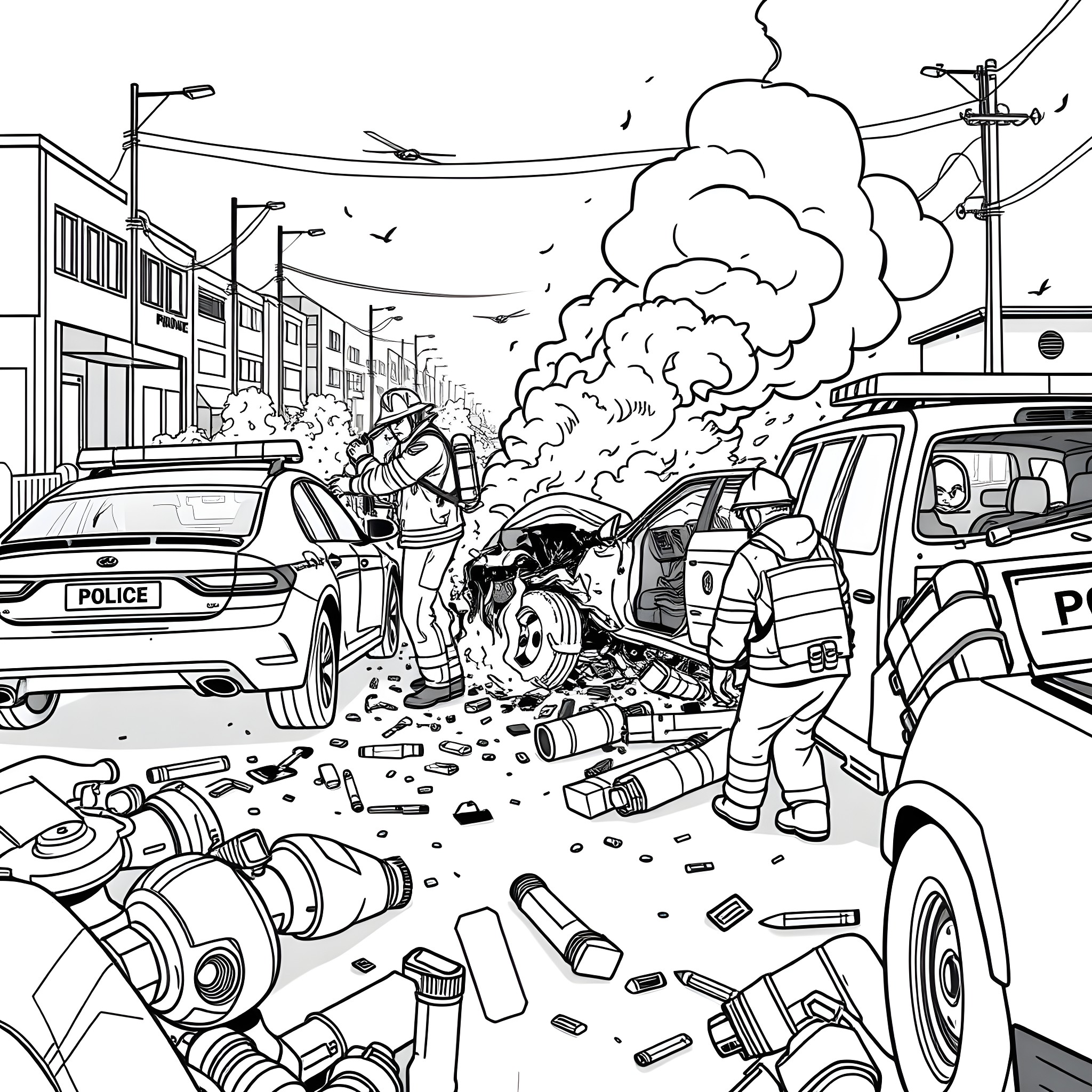 Car Accident Scene with Emergency Responders Coloring Page (free black-and-white line drawing printable PDF for all, from beginners to advanced learners, including children, teens, adults, and seniors)