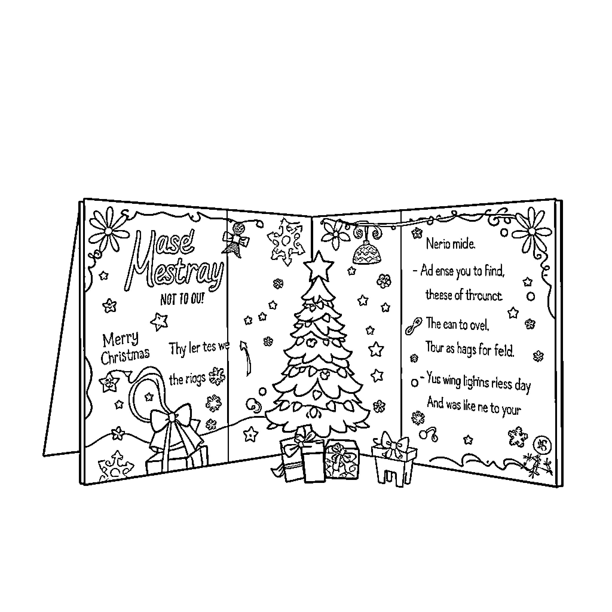 Christmas Card with Decorated Tree and Festive Scenes Coloring Page (free black-and-white line drawing printable PDF for all, from beginners to advanced learners, including children, teens, adults, and seniors)