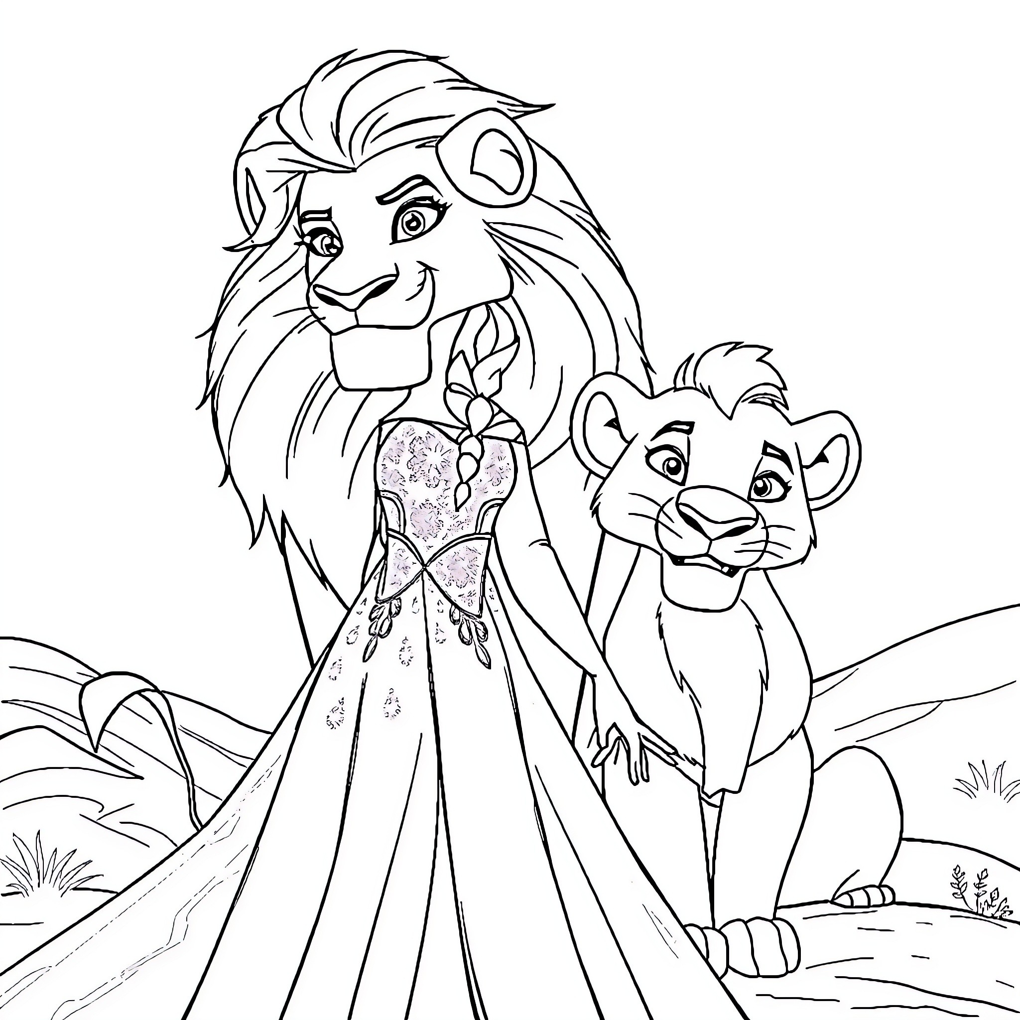 Elsa and Simba in a Magical Adventure Coloring Page (free black-and-white line drawing printable PDF for all, from beginners to advanced learners, including children, teens, adults, and seniors)