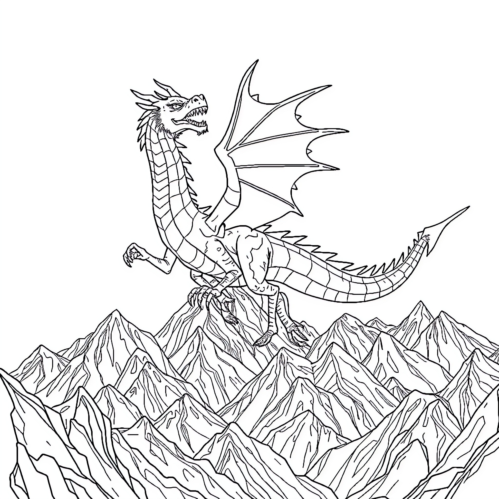 Dragon soaring over majestic mountain peaks Coloring Page (free black-and-white line drawing printable PDF for all, from beginners to advanced learners, including children, teens, adults, and seniors)