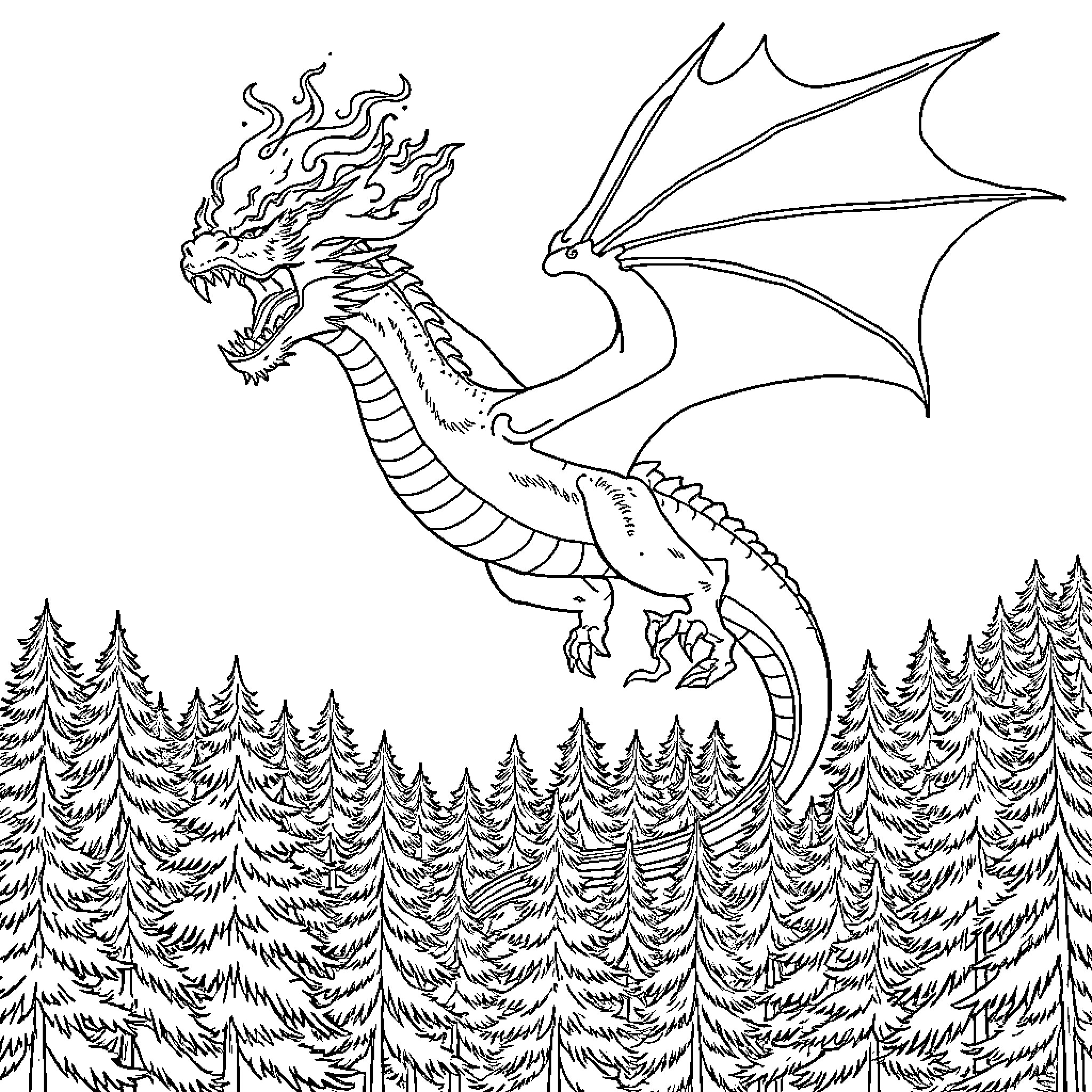 Dragon soaring over a forested landscape Coloring Page (free black-and-white line drawing printable PDF for all, from beginners to advanced learners, including children, teens, adults, and seniors)