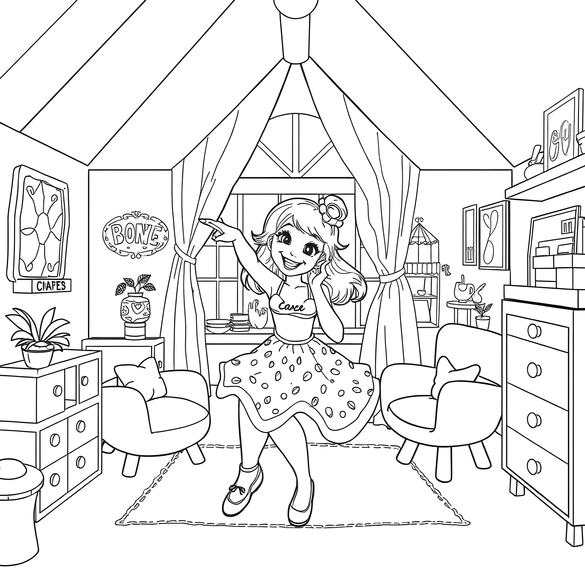 Miss Yvonne's Whimsical Bedroom Adventure Coloring Page (free black-and-white line drawing printable PDF for all, from beginners to advanced learners, including children, teens, adults, and seniors)