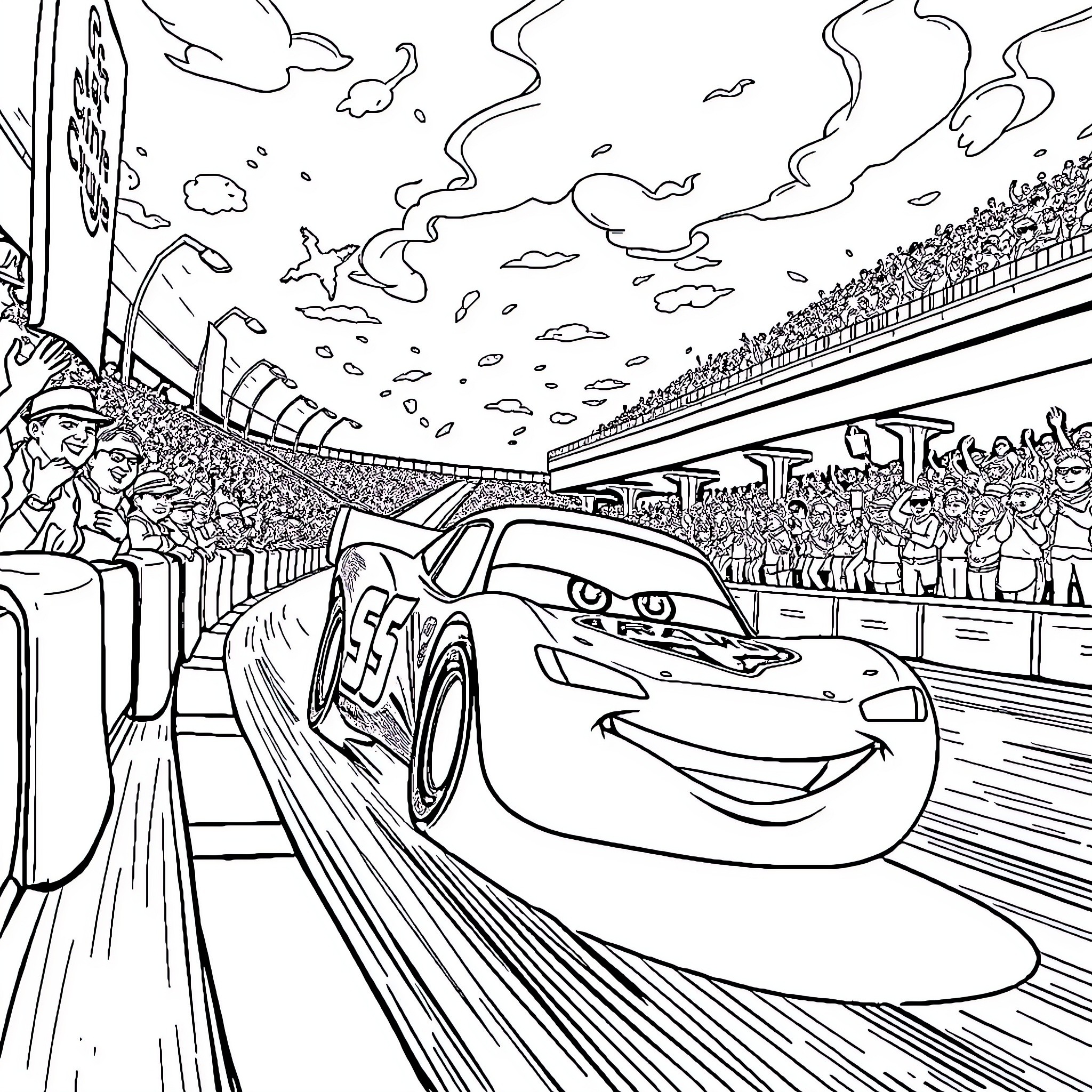 Lightning McQueen racing with fans in the stadium Coloring Page (free black-and-white line drawing printable PDF for all, from beginners to advanced learners, including children, teens, adults, and seniors)